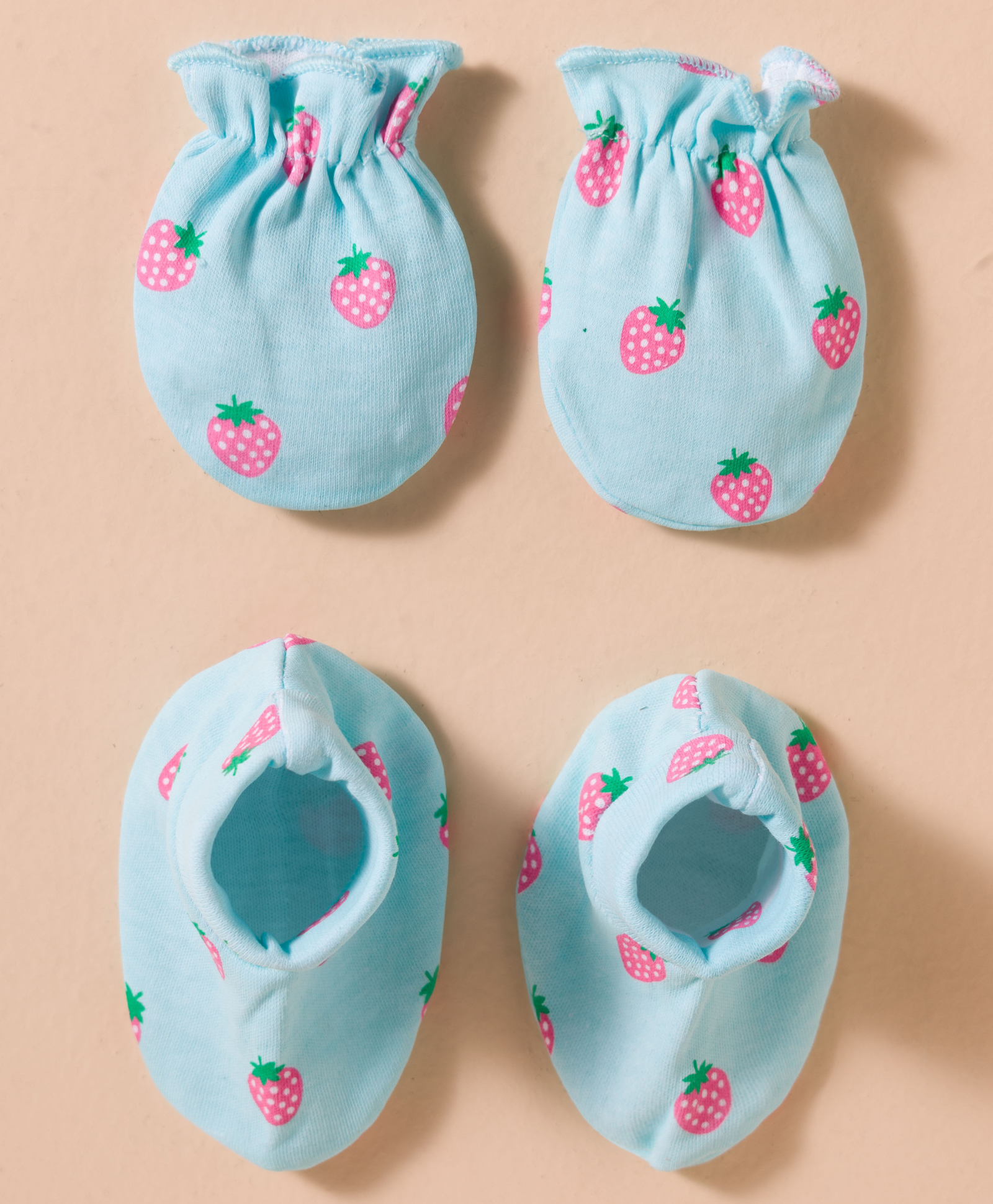 Babyhug 100% Cotton Interlock Knit Mittens & Booties Set With Strawberry Print - Blue-image-17
