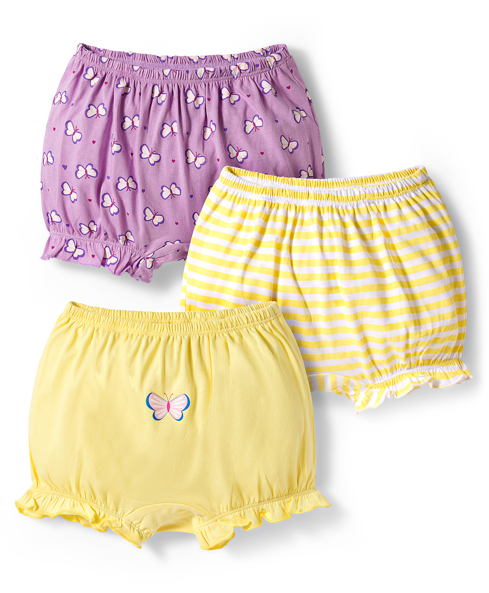 Honeyhap Premium 100% Cotton Knit Striped & Butterfly Printed Bloomers Pack of 3 - Bright White Yellow Iris & Orchid Bouquet