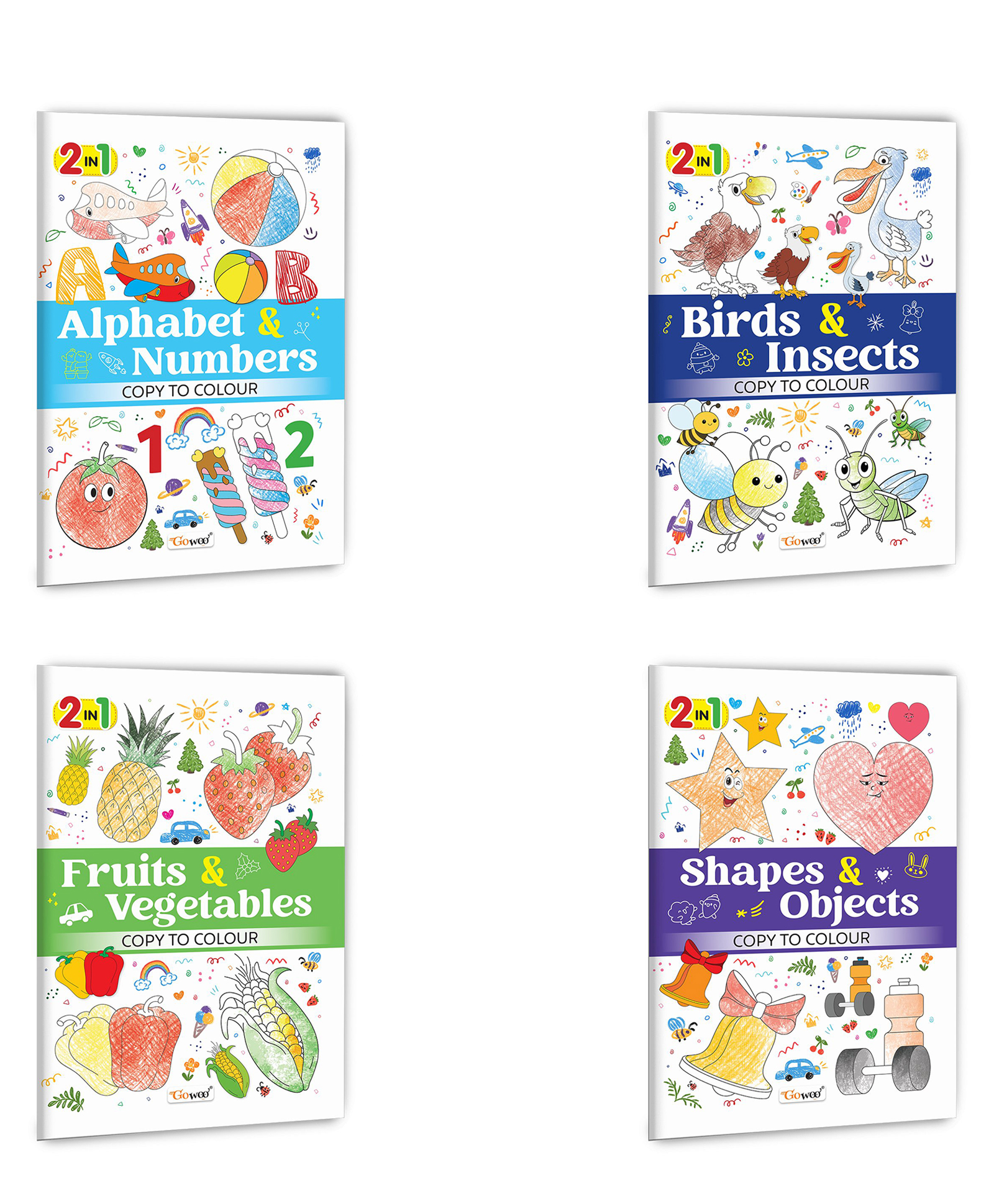 2 in 1 Copy to Colour - Alphabet & Numbers, Birds & Insects, Fruits & Vegetables and Shapes & Objects :- Exciting copy colouring fun, Variety of creative themes | Combo of 4 books-image-17