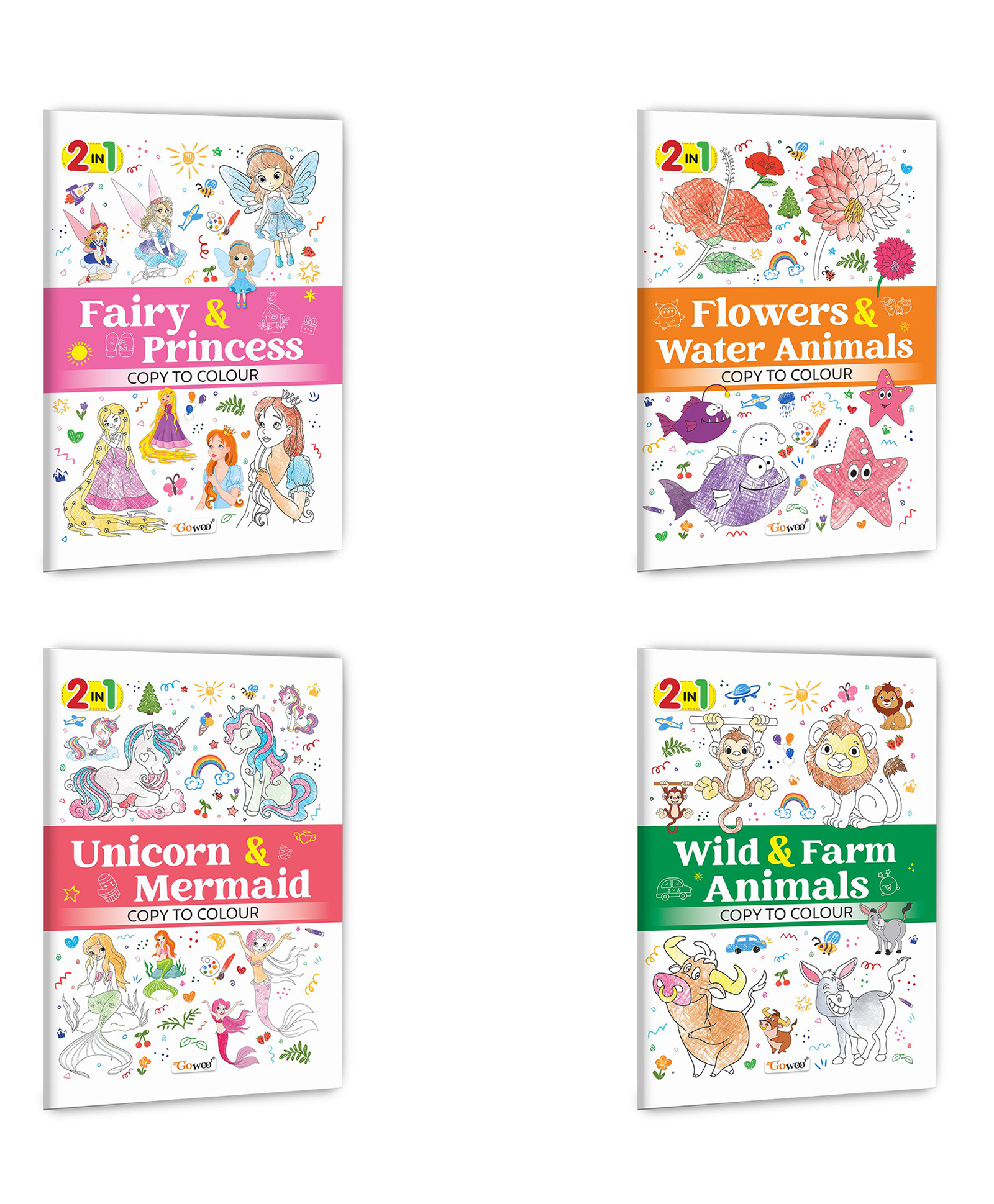 2 in 1 Copy to Colour - Fairy & Princess, Flowers & Water Animals, Unicorn & Mermaid and Wild & Farm Animals :- Fantasy and animal fun, Engaging colouring pack for kids | Combo of 4 books-image-13