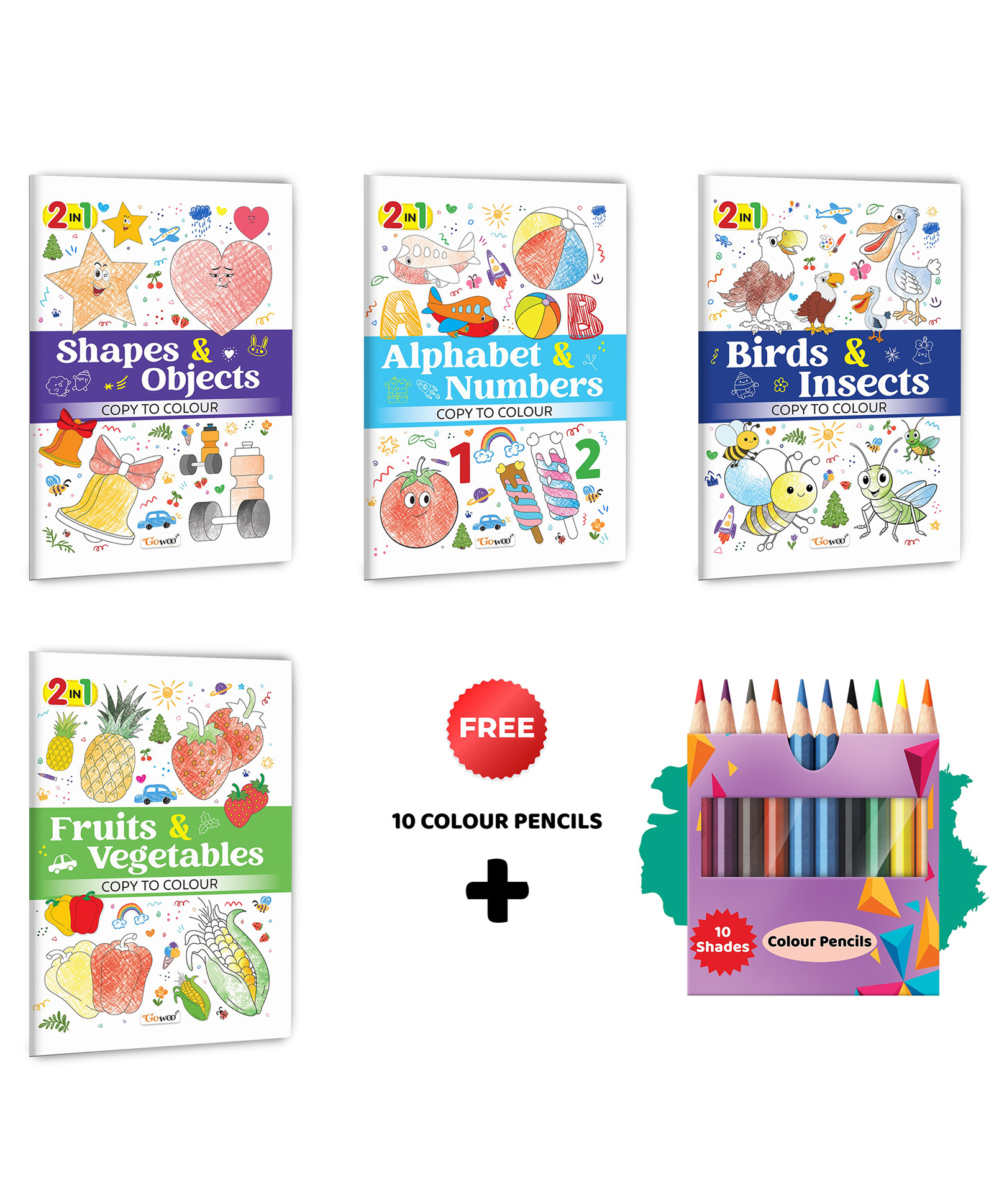 2 in 1 Copy to Colour - Alphabet & Numbers, Birds & Insects, Fruits & Vegetables and Shapes & Objects with 10 Colour Pencils :- Multi-theme creative bundle, Fun colouring kit | Combo of 4 books-image-18