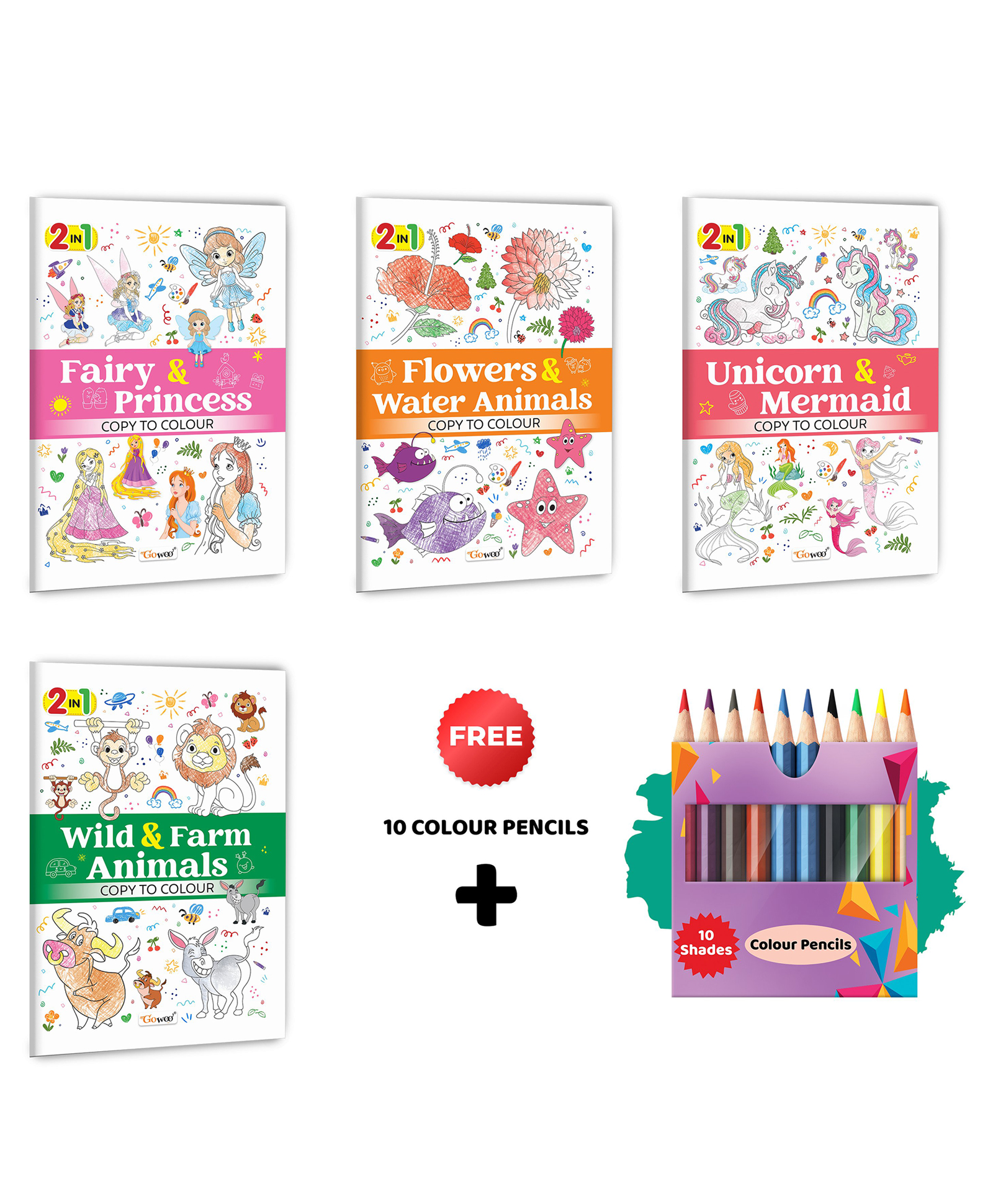 2 in 1 Copy to Colour - Fairy & Princess, Flowers & Water Animals, Unicorn & Mermaid and Wild & Farm Animals with 10 Colour Pencils :- Magical and nature-inspired set | Set of 4 books-image-14