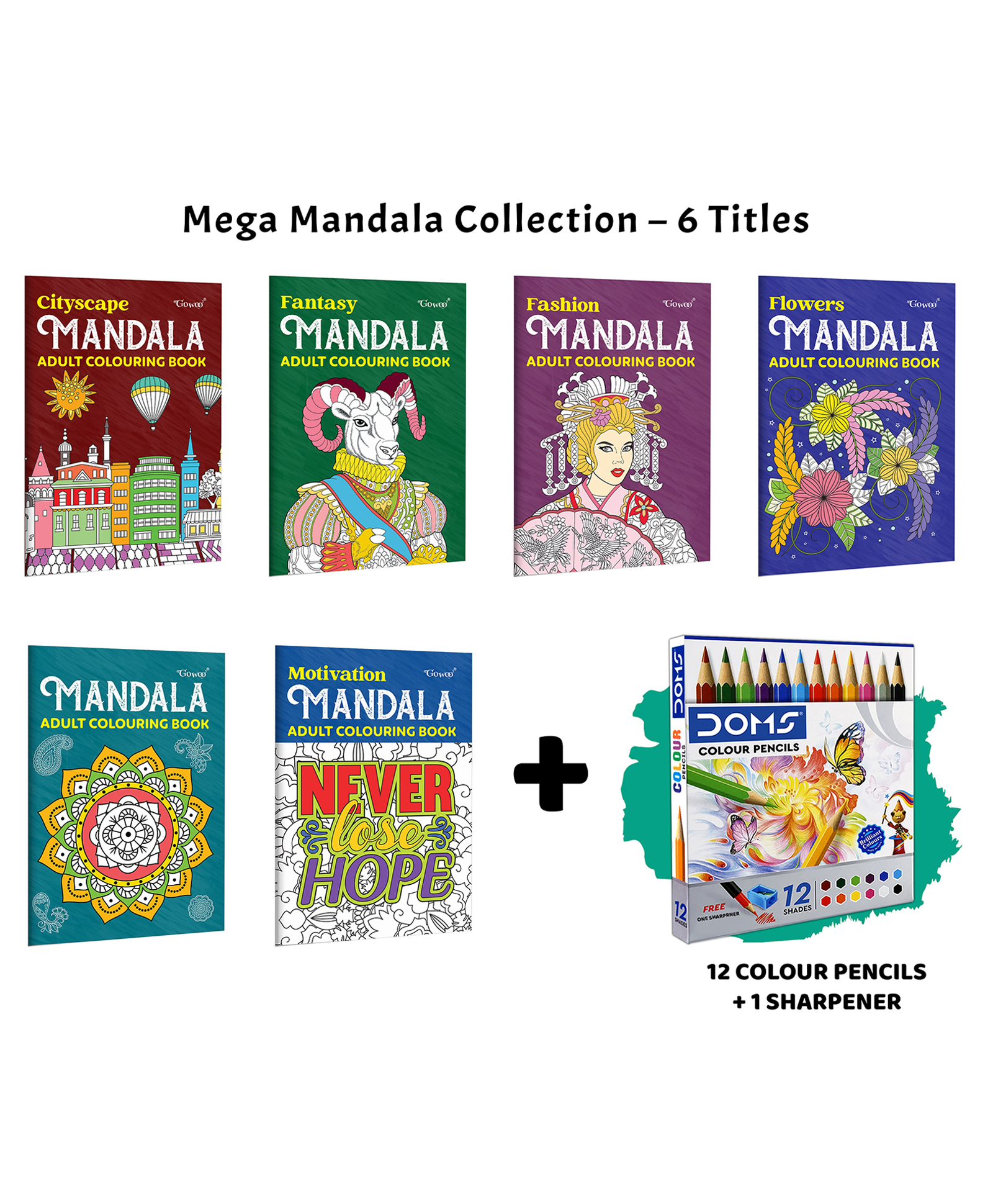 Cityscape, Fantasy, Fashion - Mandala Adult Colouring Book and more with 12 Colour Pencils + 1 Sharpener :- premium mandala art set for adults, stylish and detailed colouring book | Combo of 6 Books-image-12