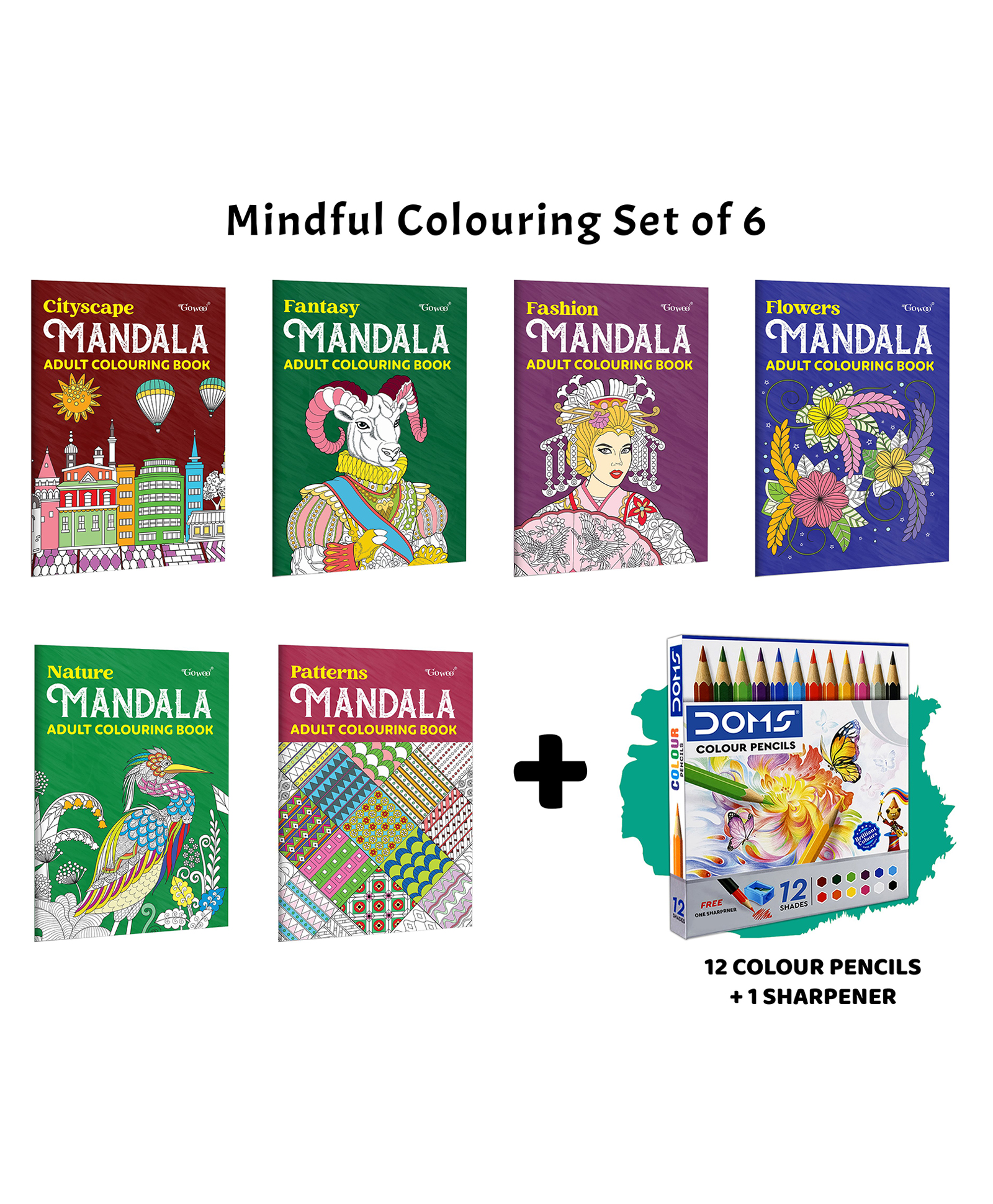 Cityscape, Fantasy, Fashion - Mandala Adult Colouring Book and more with 12 Colour Pencils + 1 Sharpener :- stylish mandala design set for adults, modern art patterns | Set of 6 Books-image-48