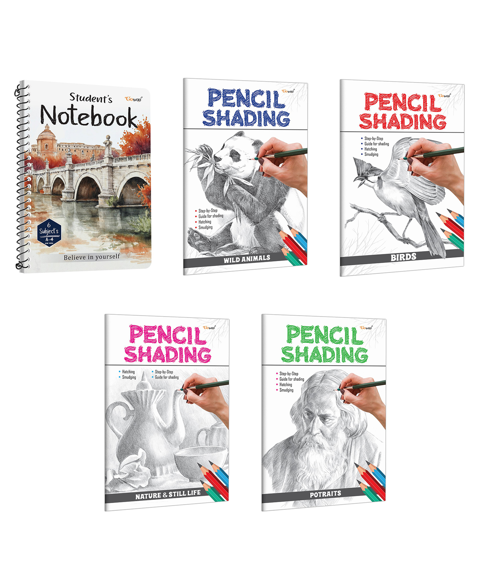 A4 Size River Bridge Spiral Notebook (Unruled), Pencil Shading (Birds), Pencil Shading (Wild Animals) and more :- bird pencil shading sketch notebook | Set of 5 Book-image-46