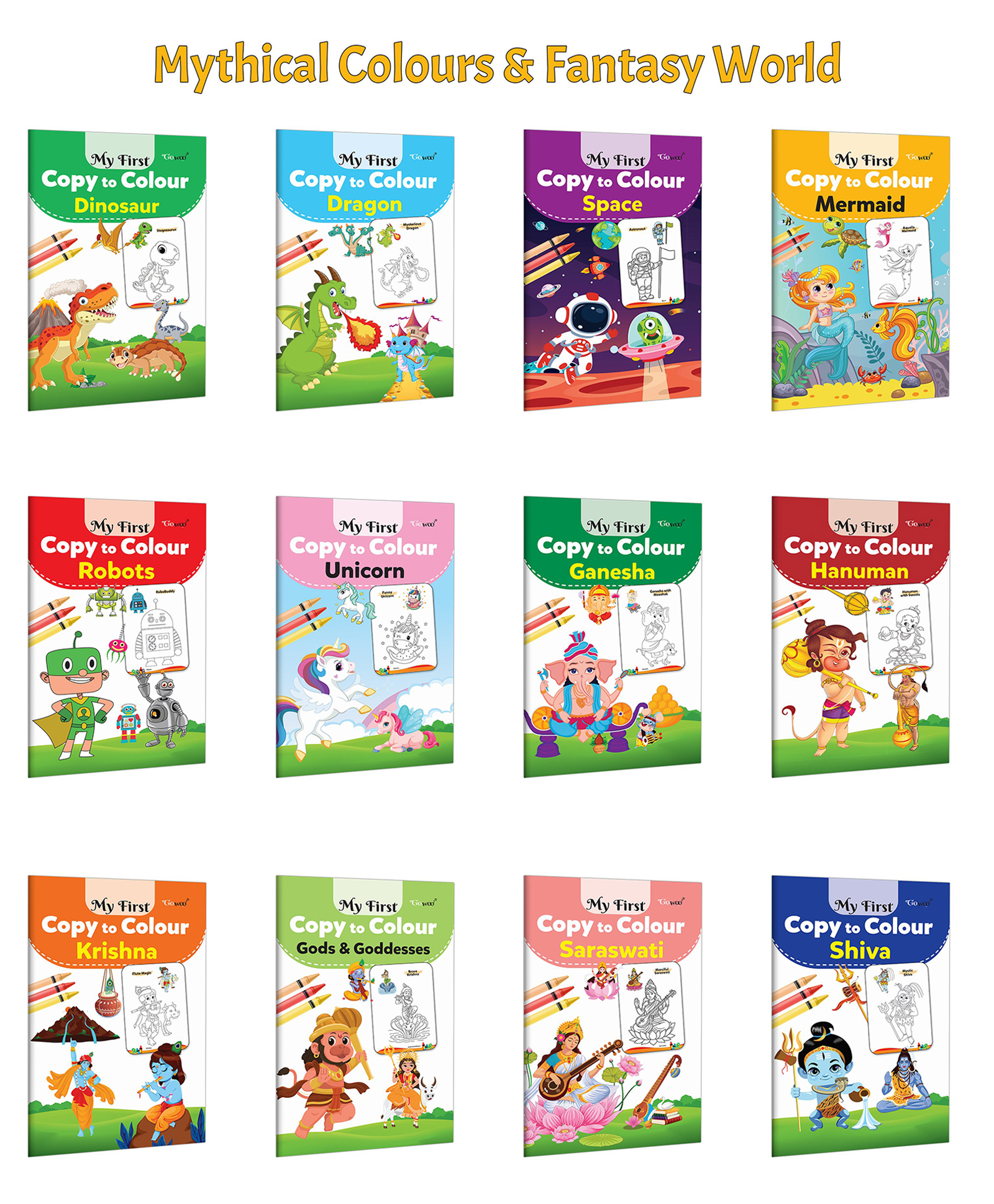 gowoo My First Copy to Colour - Dinosaur, Dragon, Space and more :- Prehistoric and fantasy fun with ocean, robots and divine gods creative colouring combo | Set of 12 books-picture-16