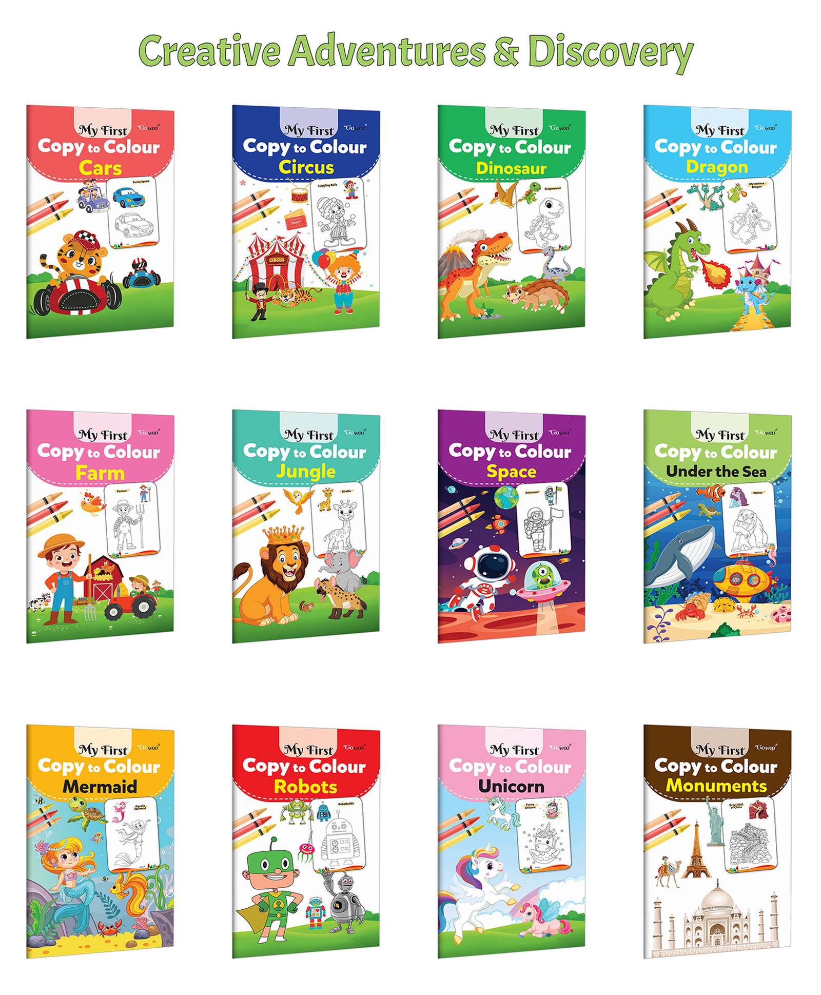 My First Copy to Colour - Cars, Circus, Dinosaur and more :- Adventure vehicles colouring, kids fun pack, ocean and jungle themes, creative preschool combo | Pack of 12 books-image-7