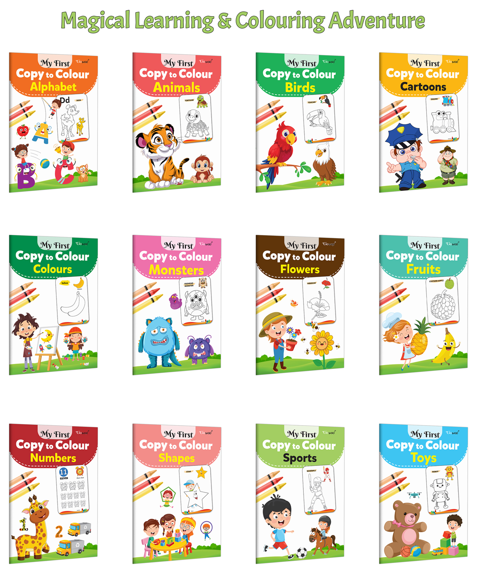 gowoo My First Copy to Colour - Alphabet, Animals, Birds, Cartoons and more :- Early learning activity, Preschool colouring practice, Creative kids workbook | Set of 12 Books-picture-47