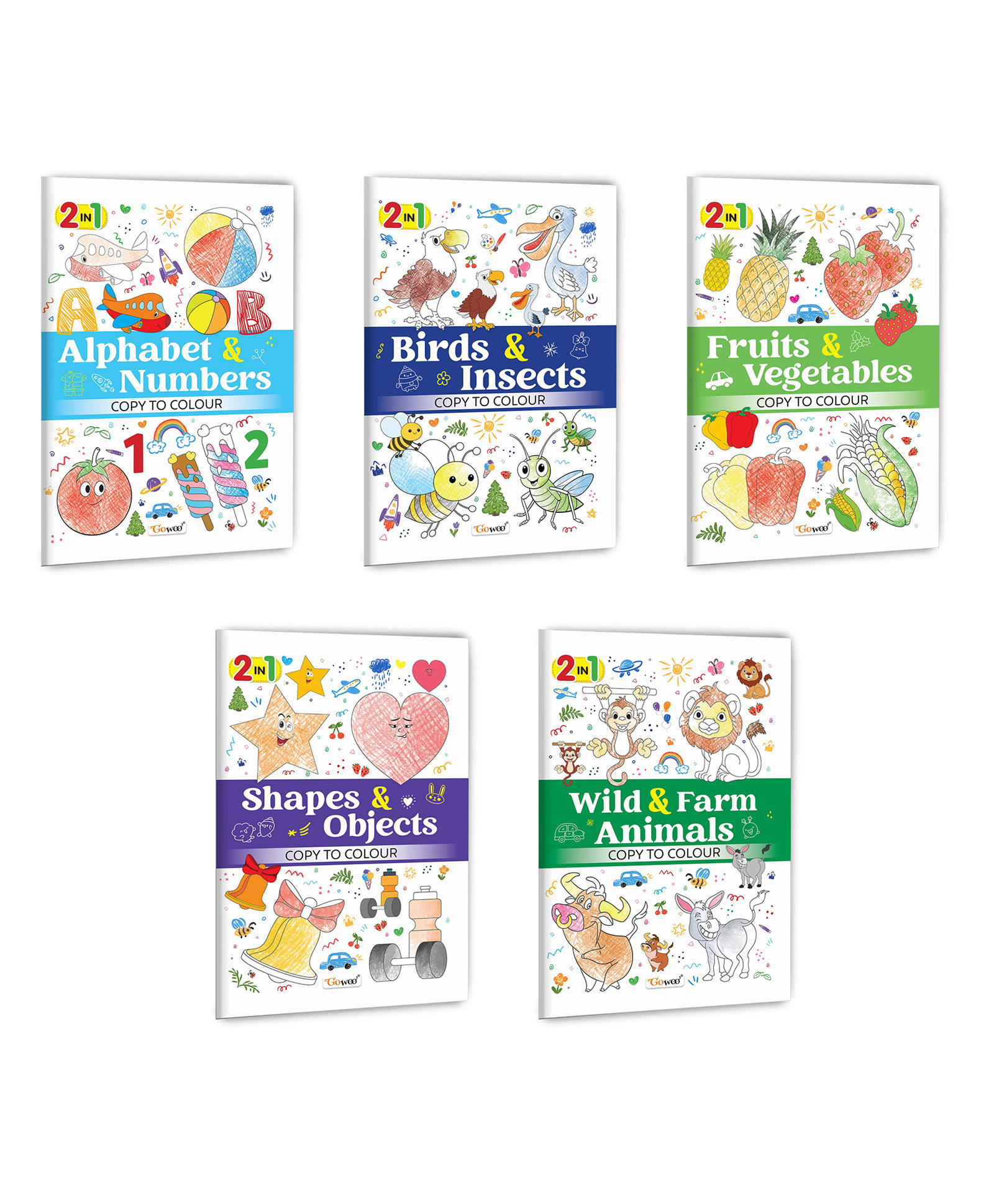 2 in 1 Copy to Colour - Alphabet & Numbers, Birds & Insects, Fruits & Vegetables and more :- Multi-theme kids colouring, 2 in 1 colouring activity set, Fun and engaging copy colouring | Set of 5 books-image-25