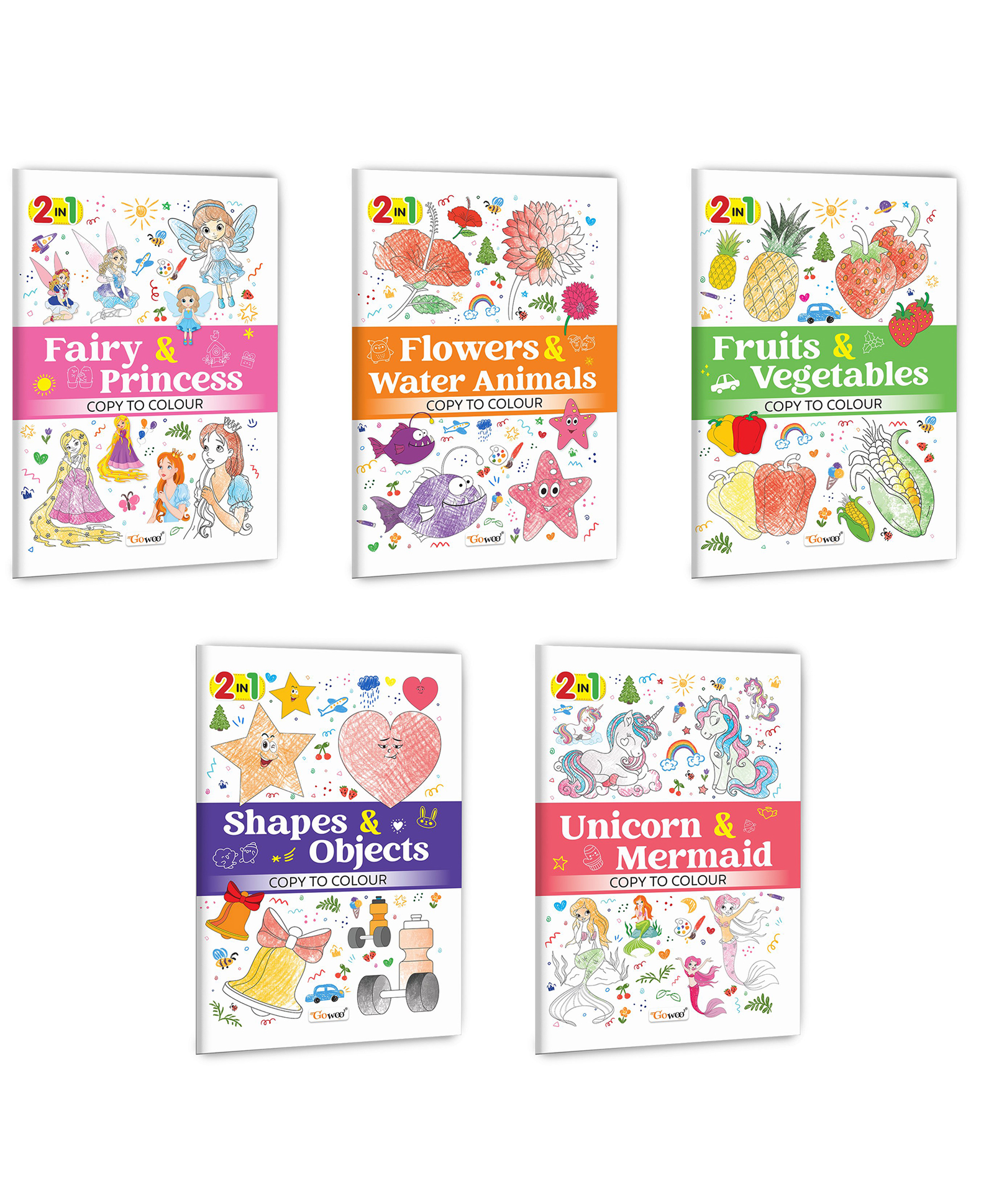 2 in 1 Copy to Colour - Fairy & Princess, Flowers & Water Animals, Fruits & Vegetables and more :- Magical and nature colouring, Colourful activity fun, 2 in 1 creative kids pack | Pack of 5 books-image-15