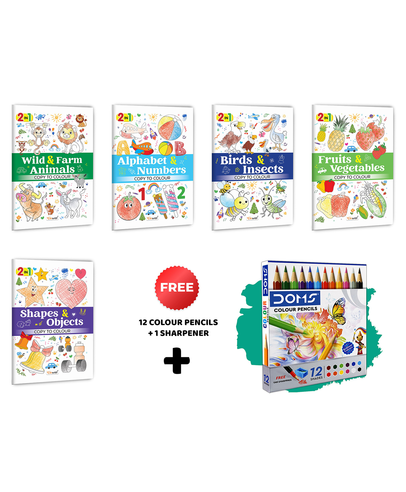 2 in 1 Copy to Colour - Alphabet & Numbers, Birds & Insects, Fruits & Vegetables and more with 12 Colour Pencils + 1 Sharpener :- Big creative kids bundle, Colourful theme variety | Pack of 5 books-image-16