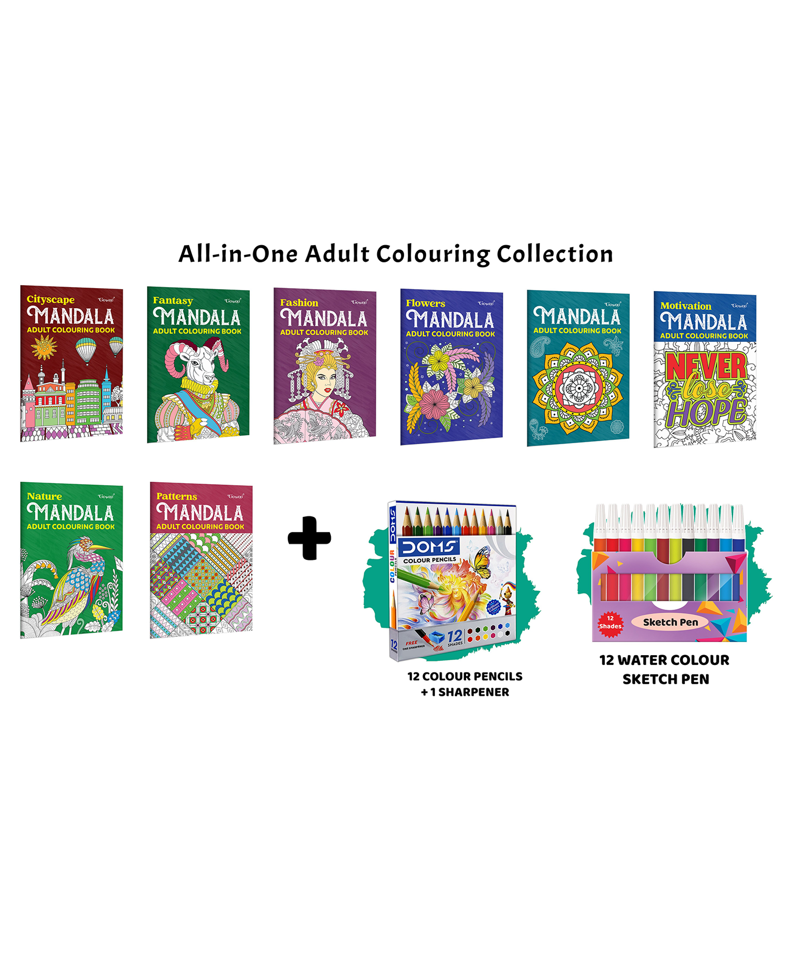 Cityscape, Fantasy, Fashion - Mandala Adult Colouring Book and more with 12 Water Colour Sketch Pens, 12 Colour Pencils + 1 Sharpener :- colourful mandala art collection for adults | Combo of 8 Books-image-11