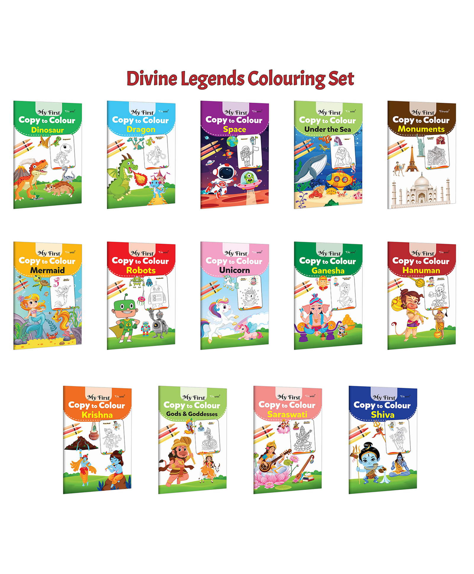 My First Copy to Colour - Dinosaur, Dragon, Space and more :- Fantasy adventure colouring, cultural pack for kids, divine mythology set, preschool creative combo | Pack of 14 books-image-2