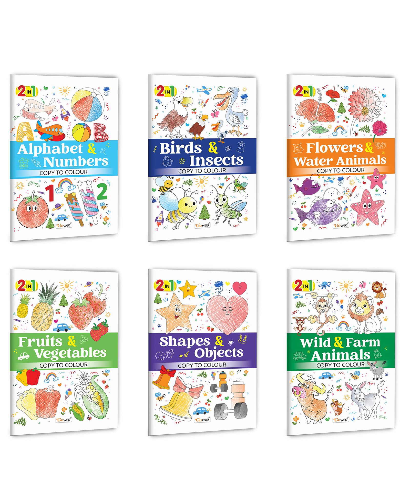 2 in 1 Copy to Colour - Alphabet & Numbers, Birds & Insects, Flowers & Water Animals and more :- Wide variety of themes, Kids entertainment colouring | Combo of 6 books-image-42