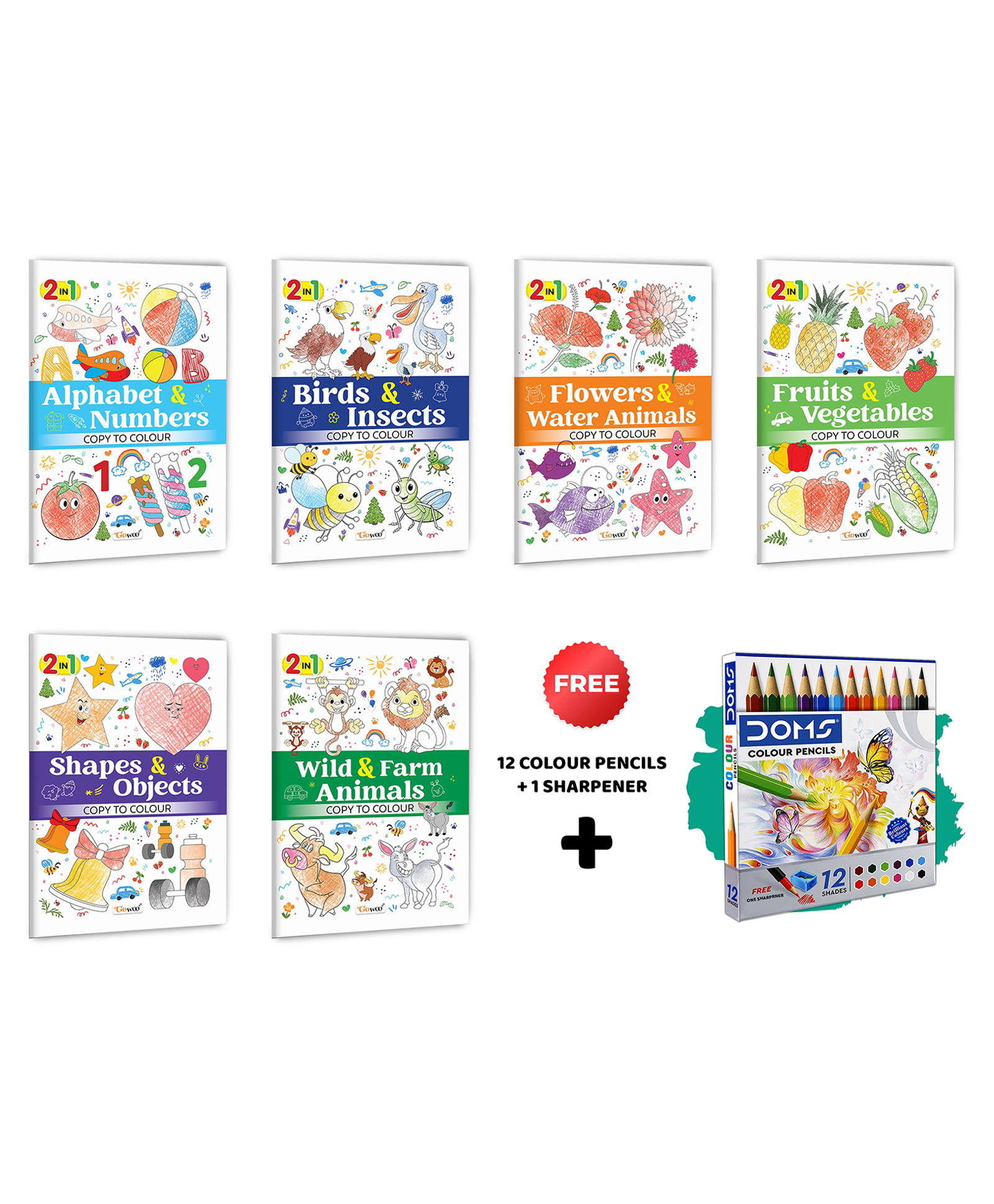 2 in 1 Copy to Colour - Alphabet & Numbers, Birds & Insects and more with 12 Colour Pencils + 1 Sharpener :- Multi-theme kids activity set, Colourful entertainment pack | Combo of 6 books-image-23