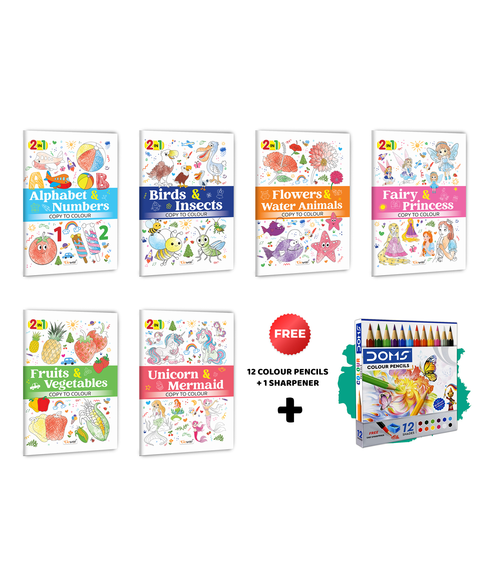2 in 1 Copy to Colour - Alphabet & Numbers, Birds & Insects and more with 12 Colour Pencils + 1 Sharpener :- Fantasy plus nature bundle, Engaging colouring fun | Set of 6 books-image-11