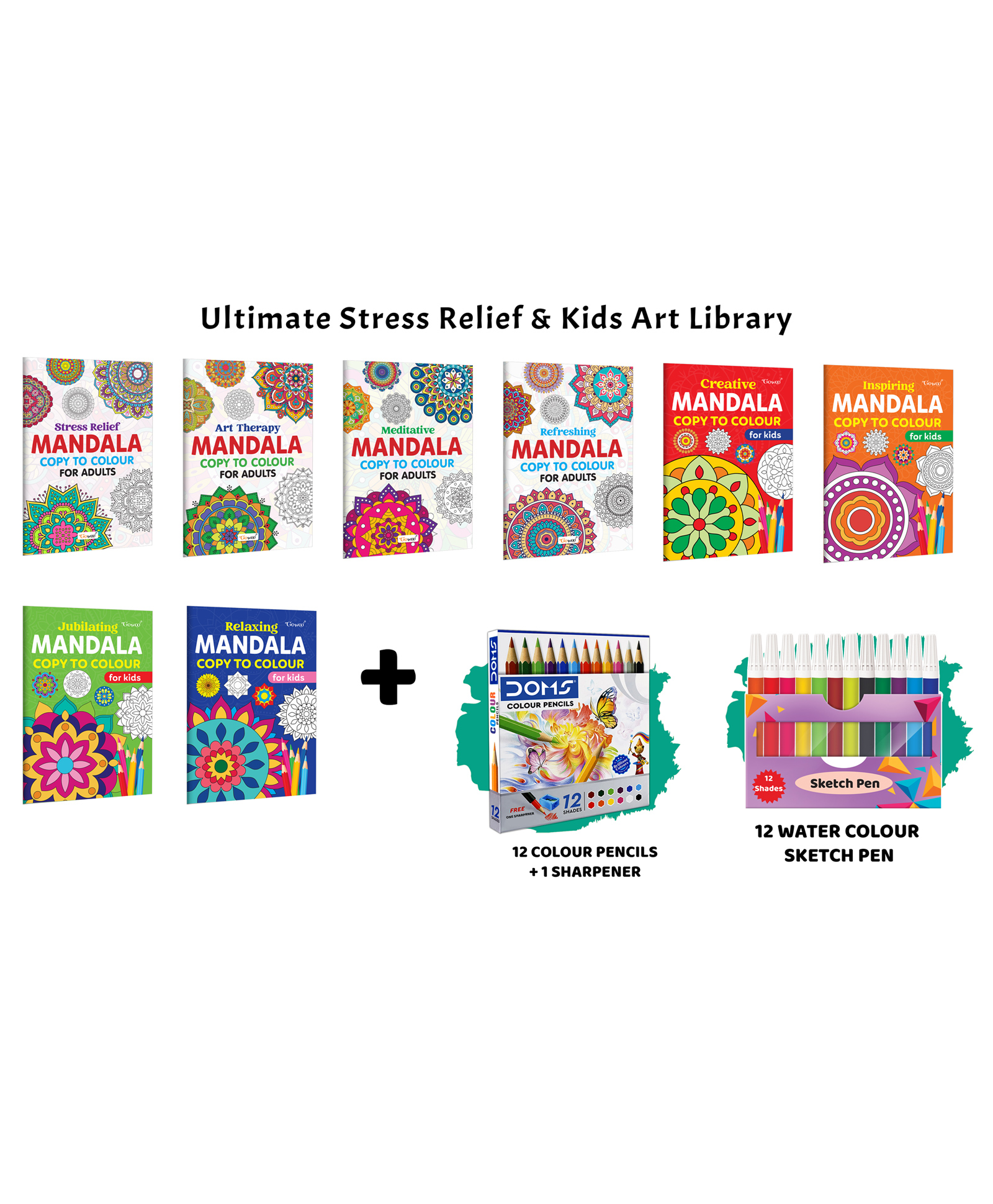 Stress Relief, Art Therapy, Refreshing - Mandala Copy to Colour for Adults & Kids and more with 12 Water Colour Sketch Pens, 12 Colour Pencils & 1 Sharpener :- inspiring mandala art | Set of 8 Books-image-40