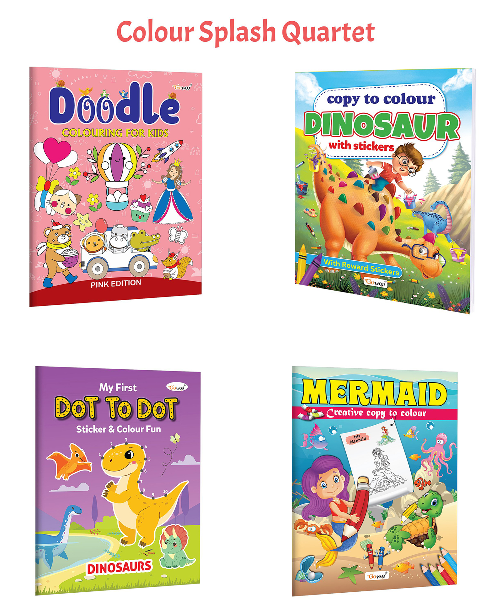 gowoo DOODLE COLOURING FOR KIDS - PINK EDITION, Copy to Colour Dinosaurs with Stickers and more :- Creative colouring fun, Kids doodle set, Sticker & colour book, Fun colouring collection | Combo of 4 Books-picture-10