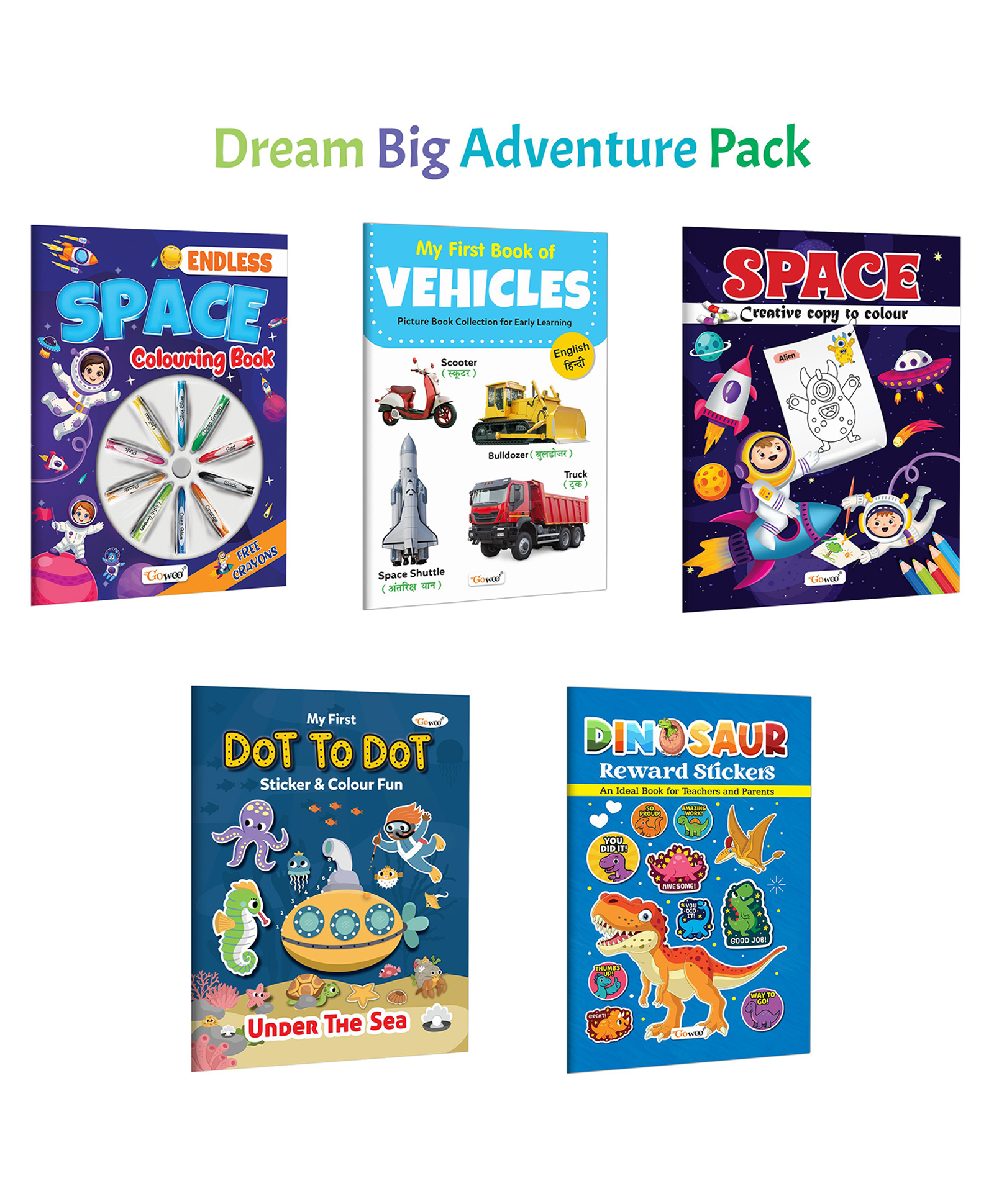 Endless Space Colouring Book with Crayons, My First Book of Vehicles (ENG-HINDI) and more :- Kids space adventure colouring, bilingual vehicles learning, underwater dot-to-dot fun | Combo of 5 books-image-13