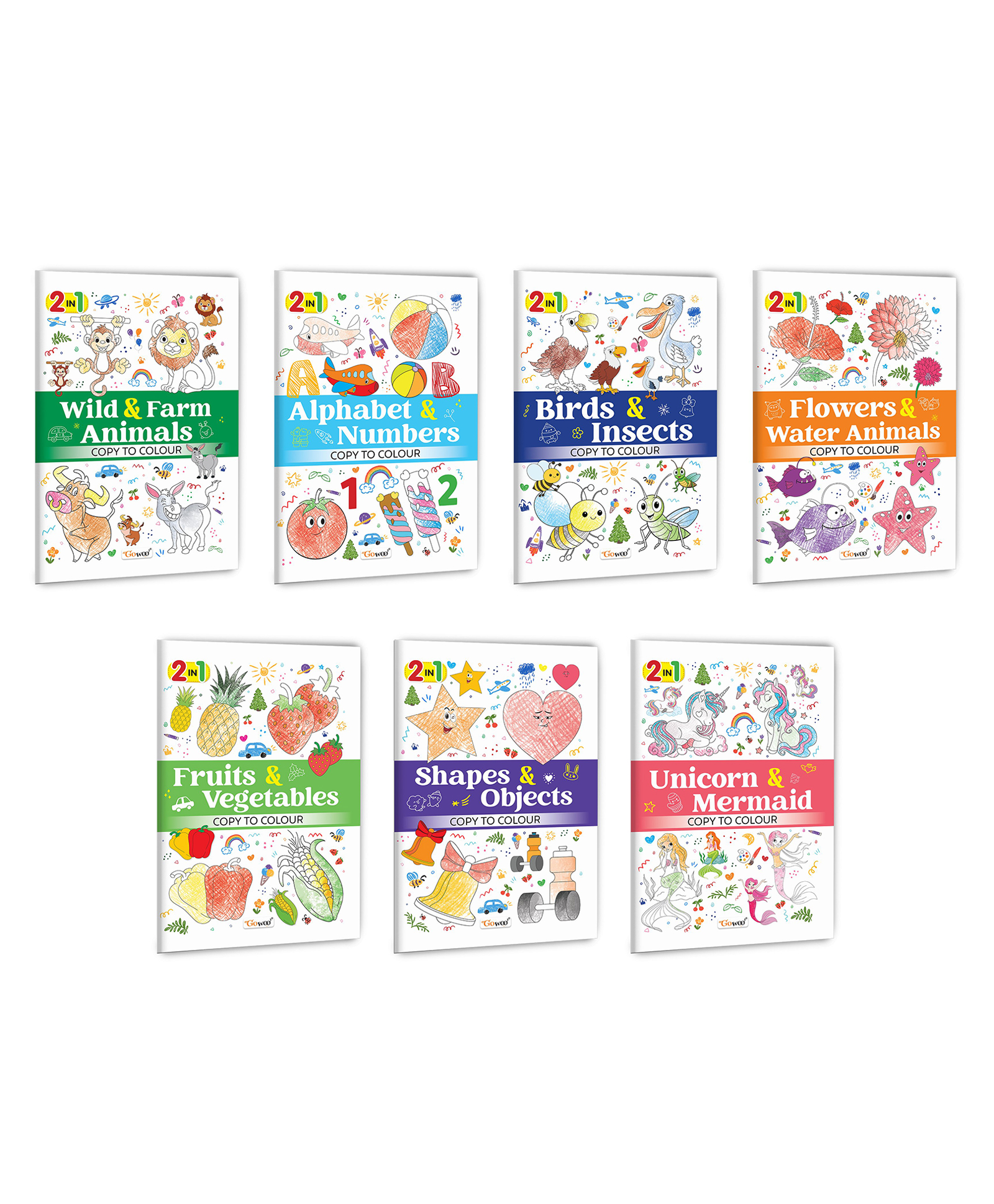 2 in 1 Copy to Colour - Alphabet & Numbers, Birds & Insects, Flowers & Water Animals and more :- Colourful kids colouring set, Variety of fun themes, Creative 2 in 1 activity pack | Combo of 7 books-image-14