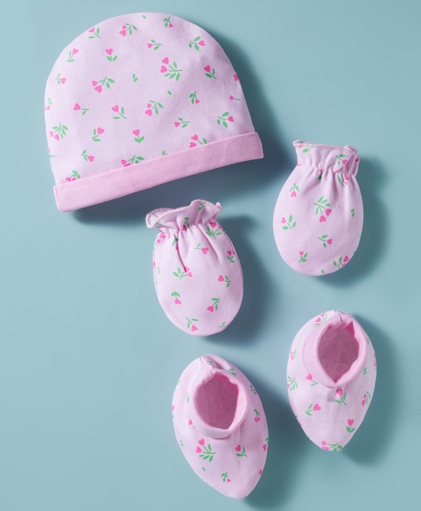 Babyhug 100% Cotton Cap Mittens & Booties with Floral Print Pink - Diameter 17 cm-image-46