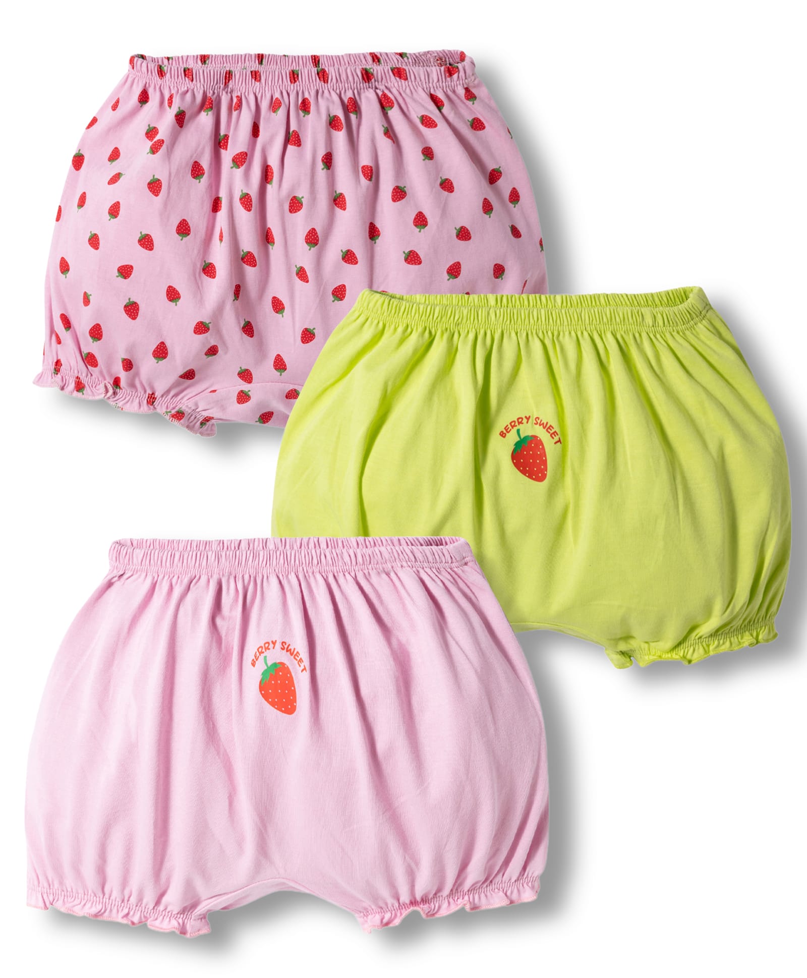 Honeyhap 100% Premium Cotton Elastane Knit Bloomers with Bio Finish & Strawberry Print Pack of 3 - Sweet Lilac & Wild Lime-image-34