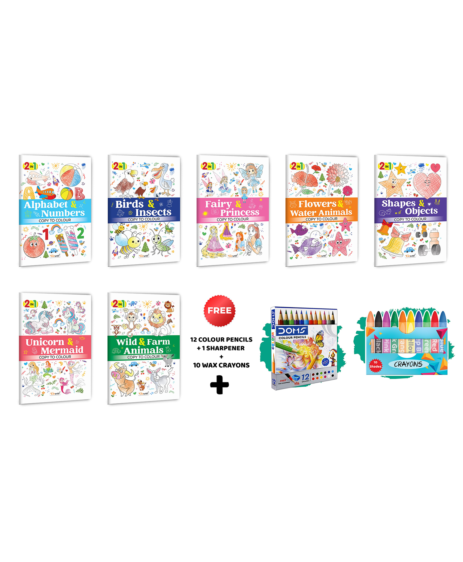 2 in 1 Copy to Colour - Alphabet & Numbers, Birds & Insects and more with 12 Colour Pencils + 1 Sharpener and 10 Wax Crayons :- Magical activity kit, Fun multi-theme colouring pack | Combo of 7 books-image-24