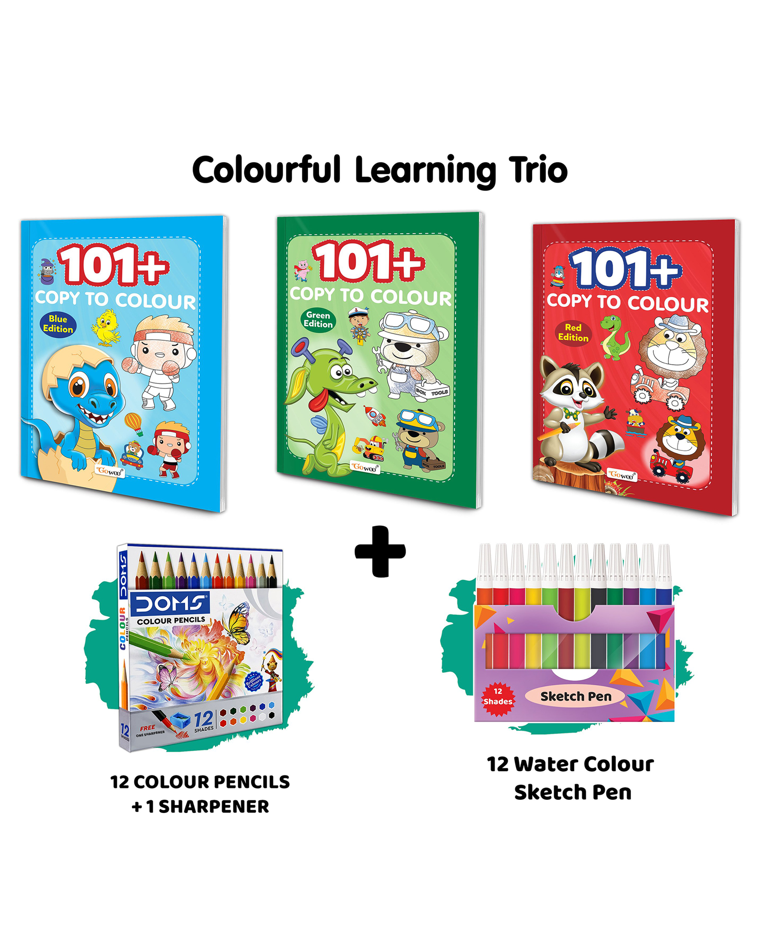 01+ Copy to Colour - Red, Blue & Green Edition with 12 Colour Pencils + 1 Sharpener + 12 Water Colour Sketch Pens :- Colouring Adventures for UKG, Fun Art Exploration for Kids | Combo of 3 Books-image-37