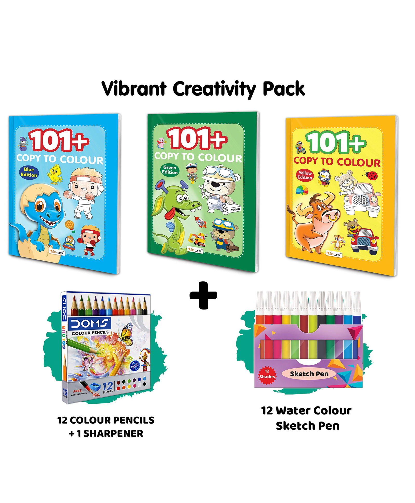 101+ Copy to Colour - Blue, Green & Yellow Edition with 12 Colour Pencils + 1 Sharpener + 12 Water Colour Sketch Pens :- Skill-Enhancing Colouring Book for Kids | Set of 3 Books-image-45
