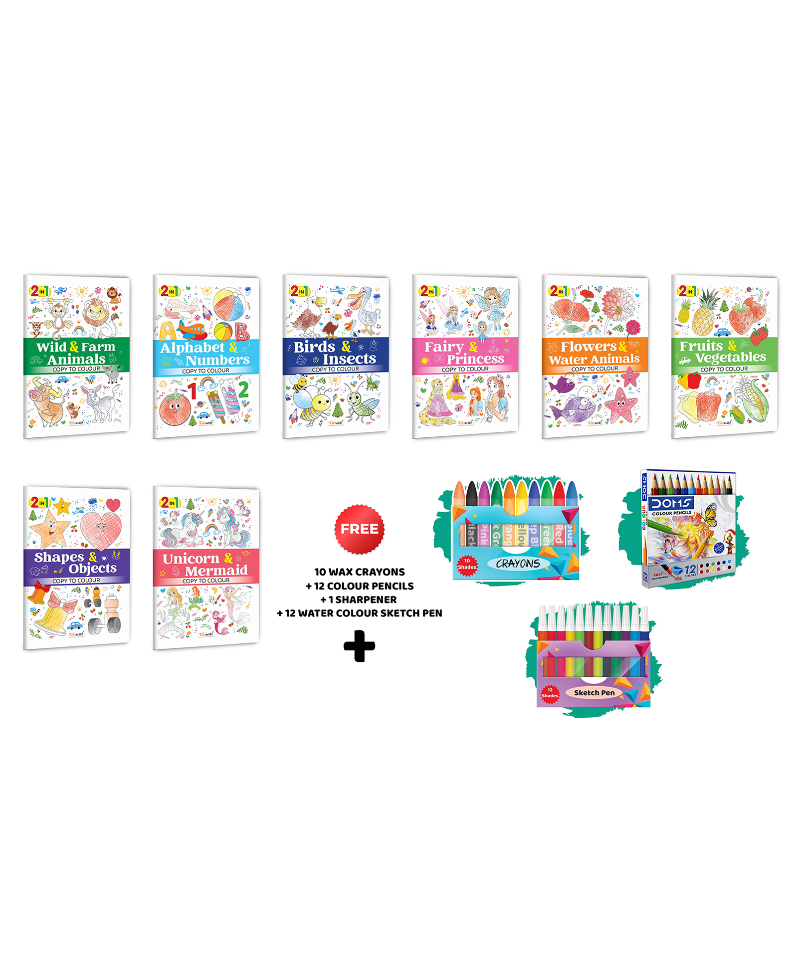 2 in 1 Copy to Colour - Alphabet & Numbers, Birds & Insects and more with 12 Colour Pencils + 1 Sharpener, 10 Wax Crayons and 12 Sketch Pens :- Complete kids colouring kit | Combo of 8 books-image-33