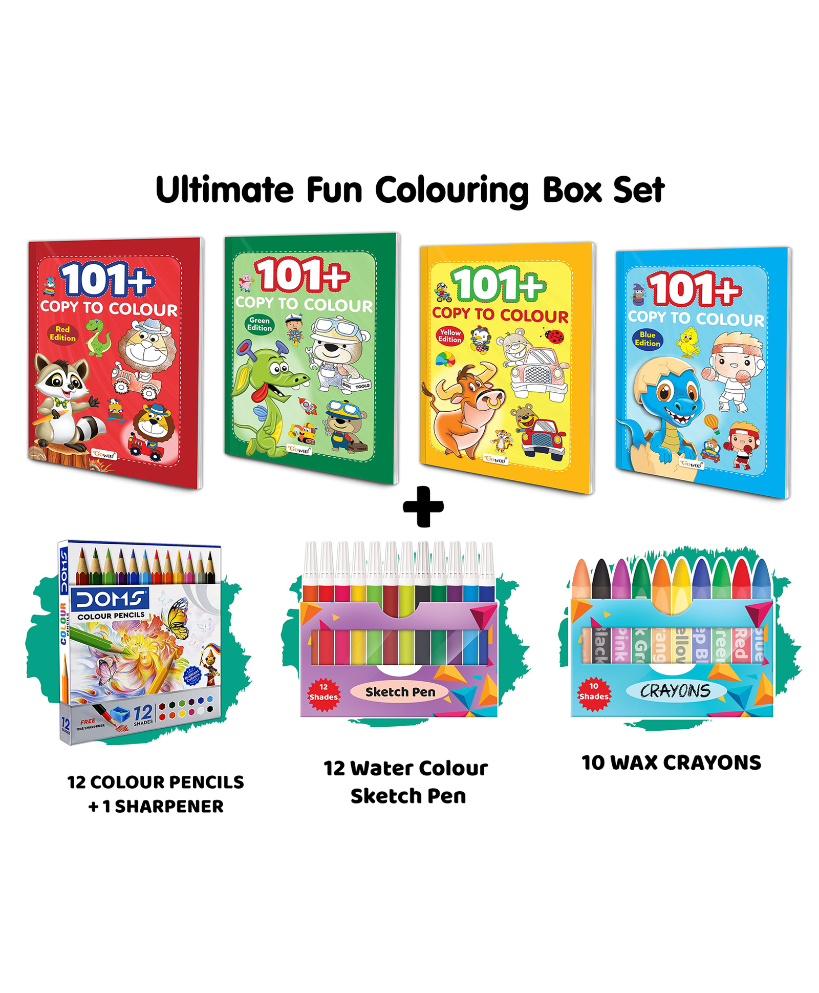 101+ Copy to Colour - Red, Blue, Green & Yellow Edition and more with 10 Wax Crayons, 12 Water Colour Sketch Pens & 12 Colour Pencils + 1 Sharpener :- Fun Colouring Books for Kids | Combo of 4 Books-image-47