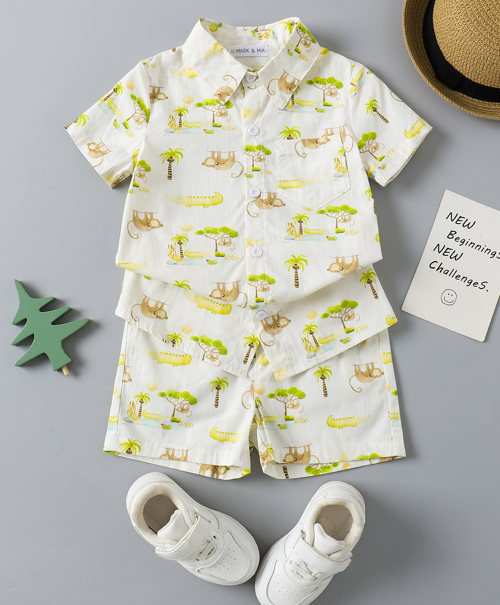 Mark & Mia Cotton Co-ords Shirt & Shorts Set with Jungle Theme Print - Multicolor