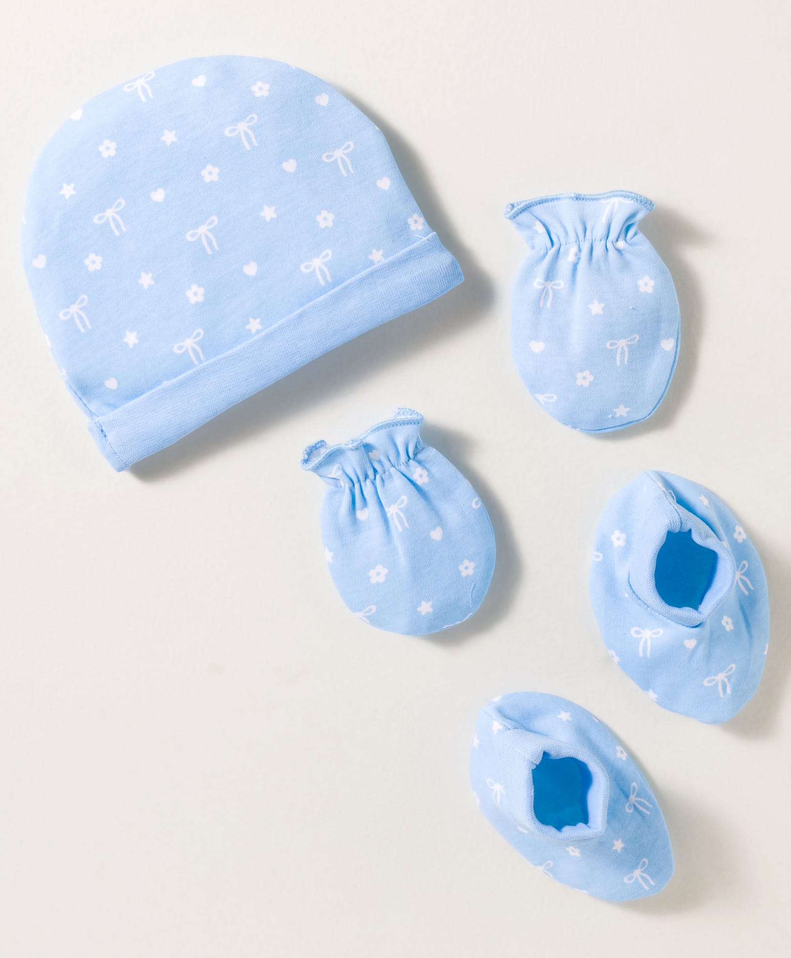 Babyhug 100% Cotton Knit Cap Mittens & Booties Set with Floral Print White & Blue - Diameter 18 cm-picture-25