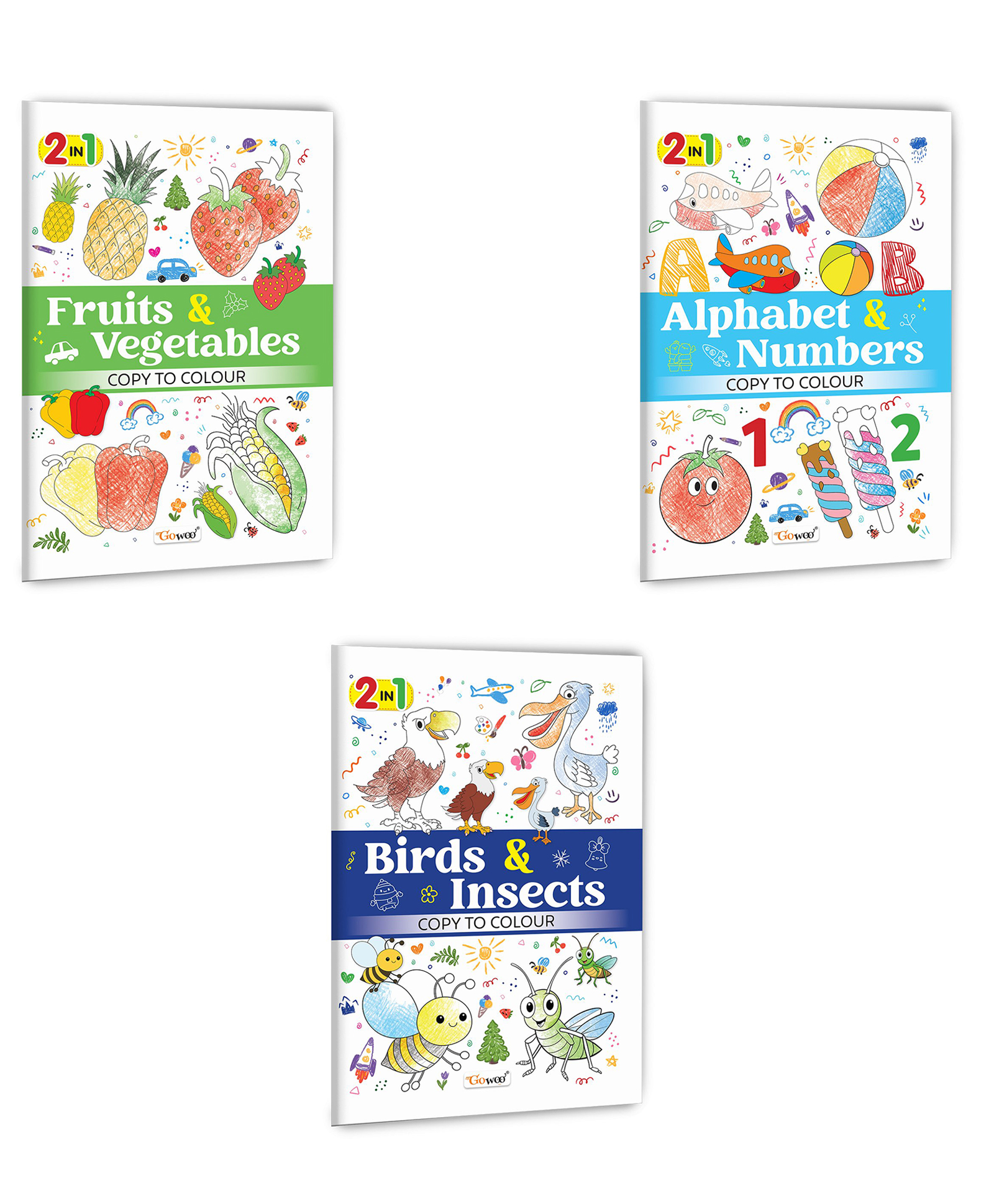 2 in 1 Copy to Colour - Alphabet & Numbers, Birds & Insects and Fruits & Vegetables :- Kids creative colouring set, Theme-based fun activity, Engaging copy to colour pages | Combo of 3 books-image-13