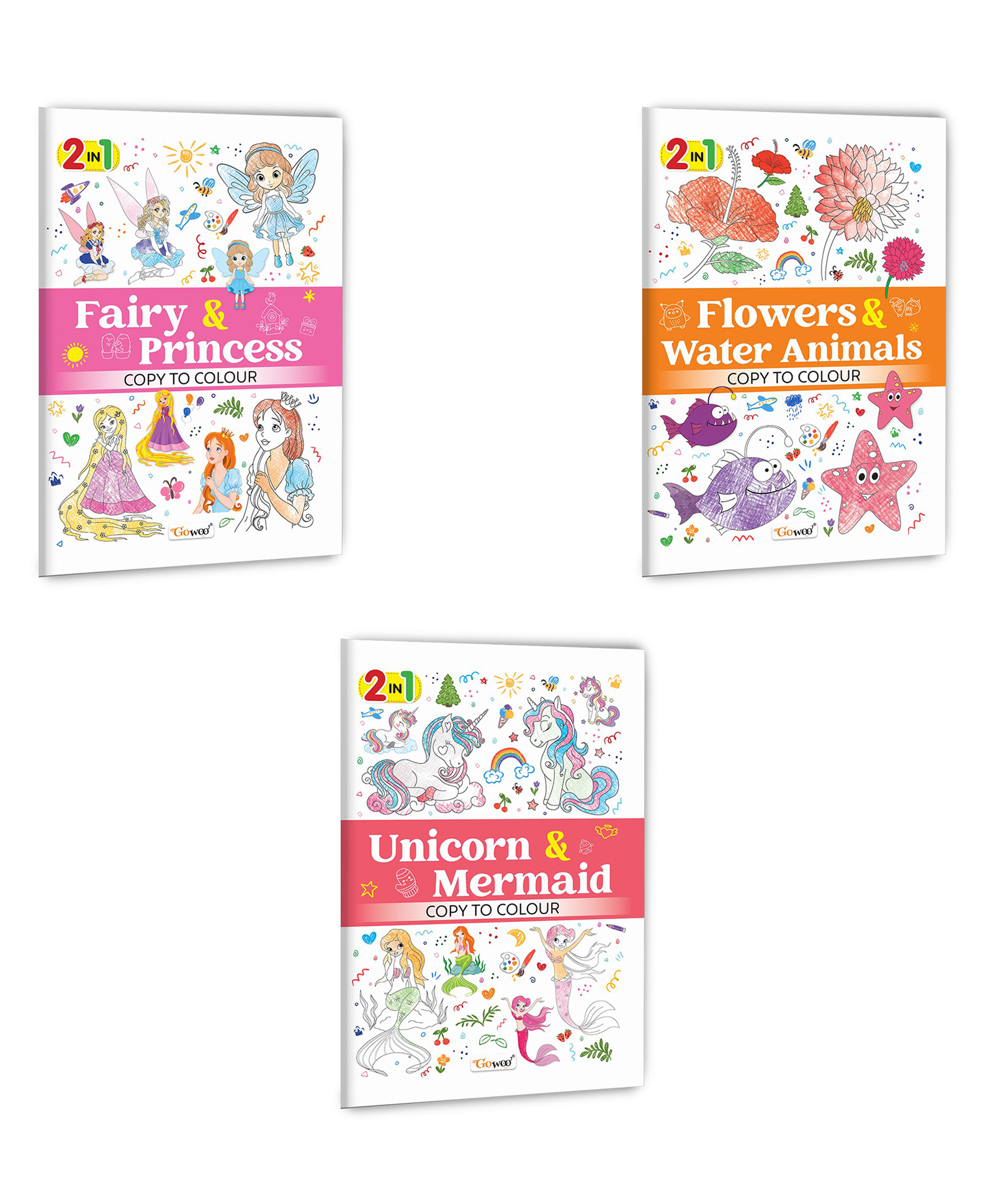 2 in 1 Copy to Colour - Fairy & Princess, Flowers & Water Animals and Unicorn & Mermaid :- Magical colouring pack, Fantasy and nature themes, Fun activity book for children | Set of 3 books-image-14