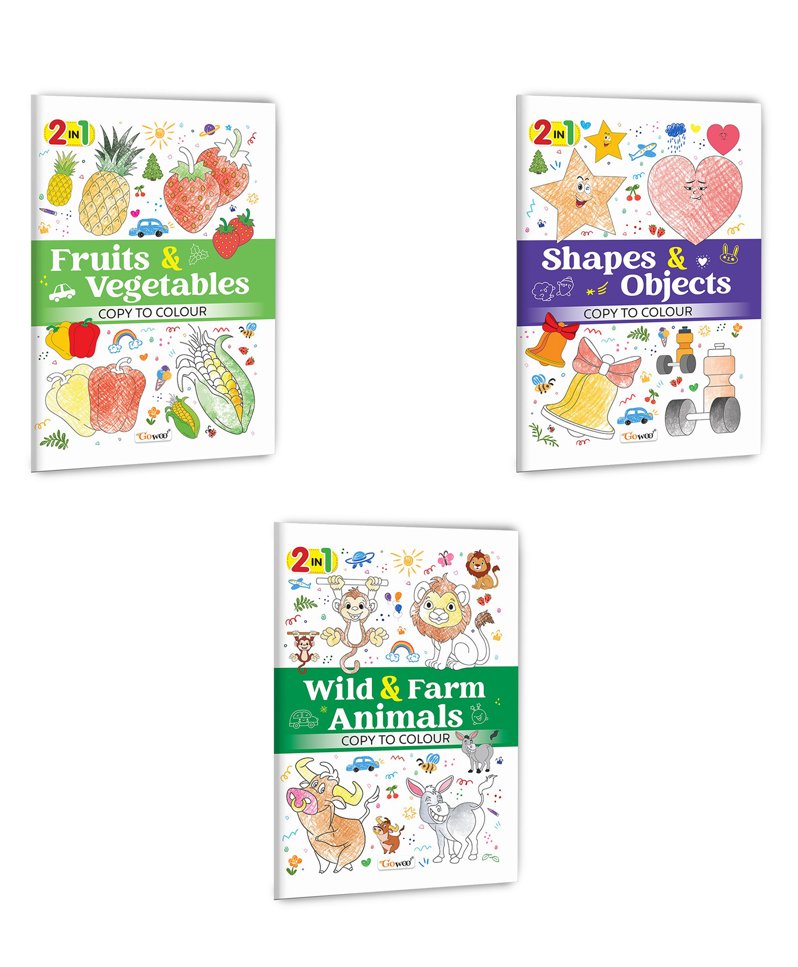 2 in 1 Copy to Colour - Fruits & Vegetables, Shapes & Objects and Wild & Farm Animals :- Colourful activity collection, Mixed theme copy colouring, Enjoyable pastime for kids | Pack of 3 books-image-11