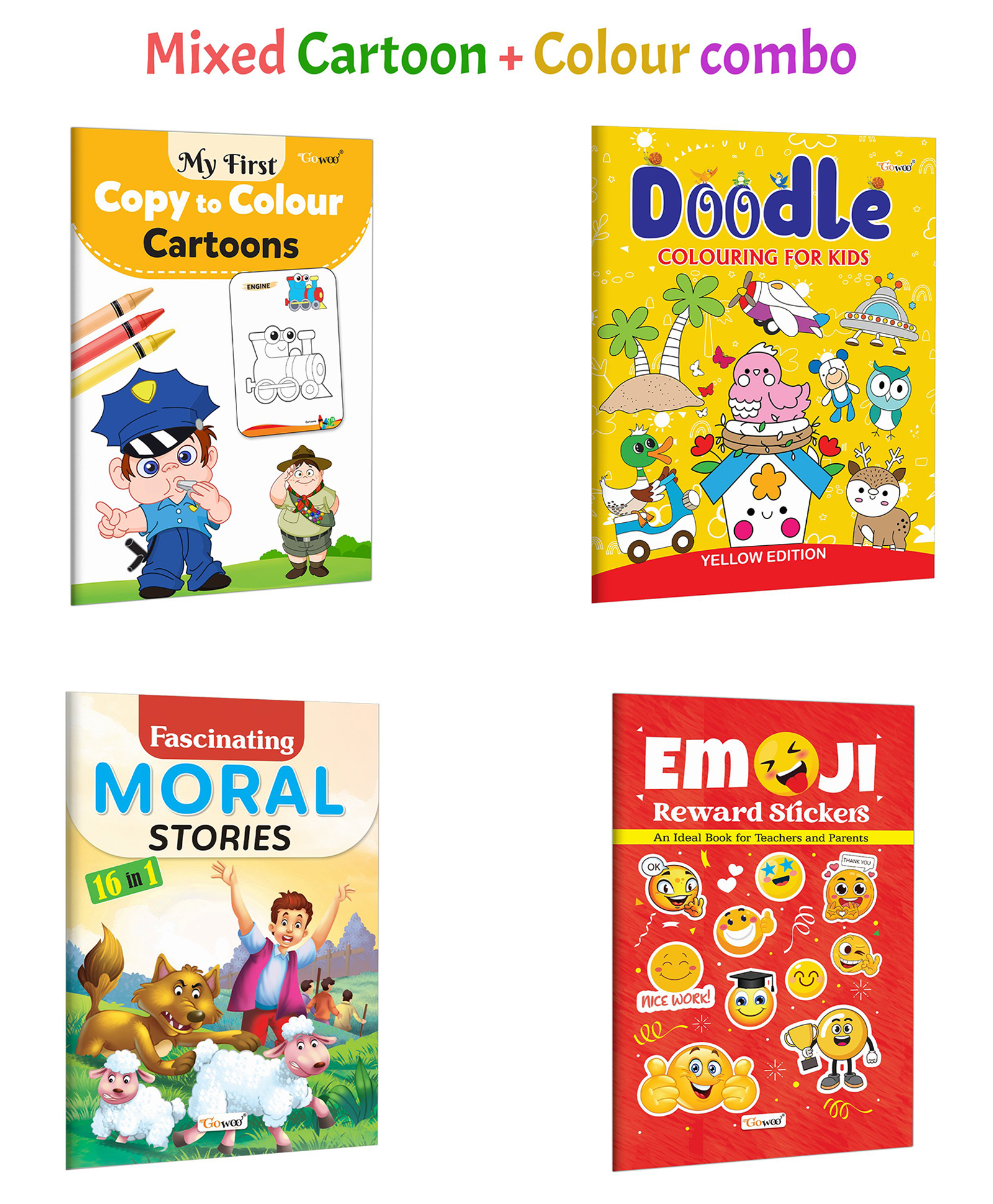 My First Copy to Colour - Cartoons, DOODLE COLOURING FOR KIDS - YELLOW EDITION and more :- Cartoon colouring, doodle art fun, moral stories and emoji reward stickers | Combo of 4 books-image-19