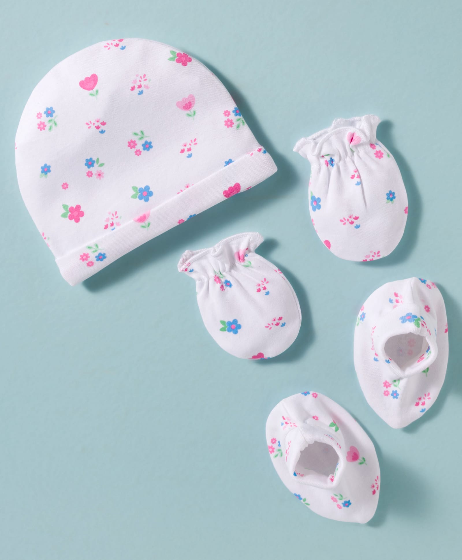 Babyhug 100% Cotton Knit Cap Mittens & Booties Set with Floral Print White - Diameter 18 cm-picture-17