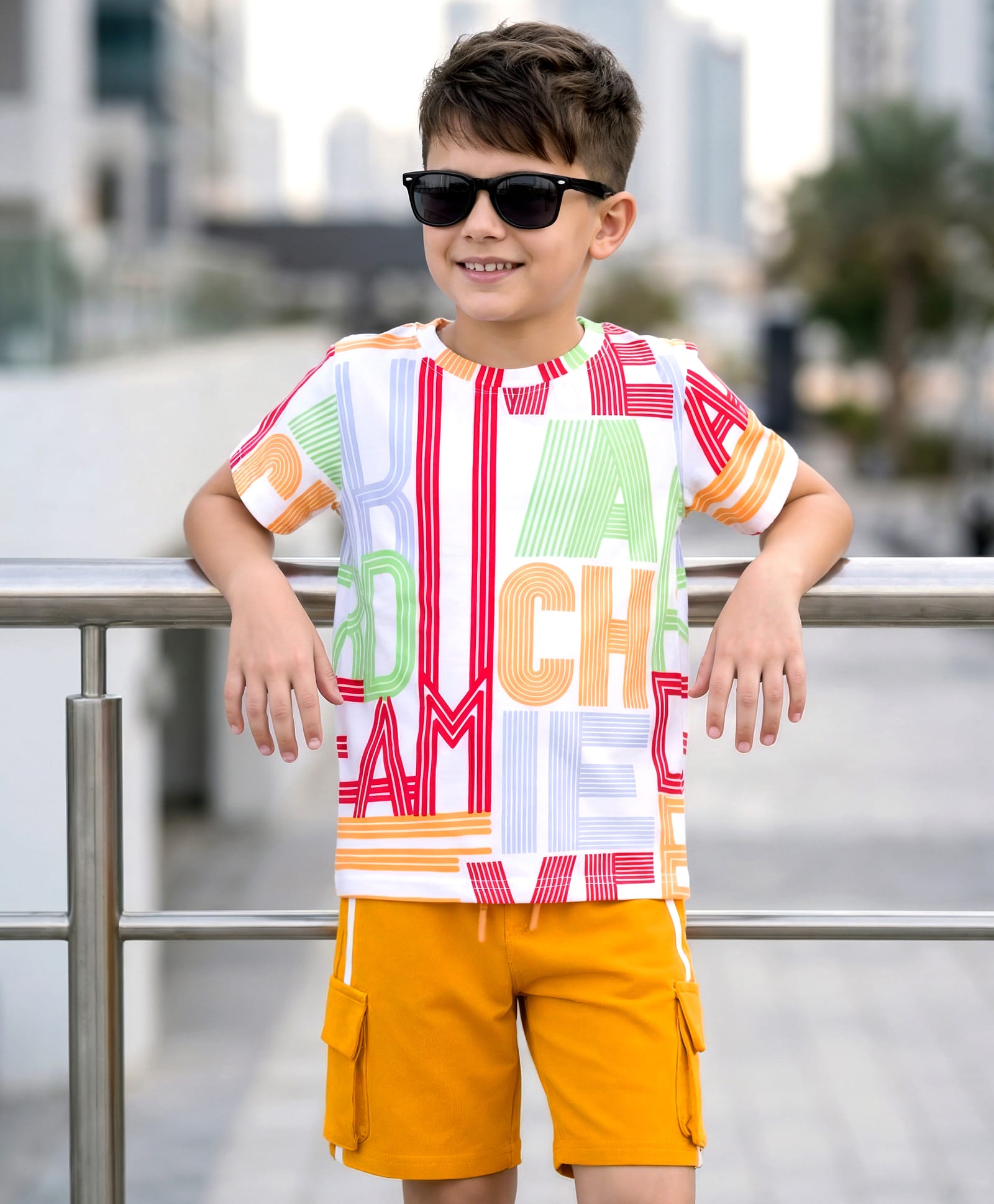 OLLINGTON ST. Cotton Knit Printed Half Sleeves T- Shirt & Knit Shorts Set - Multicolor & Red-image-40