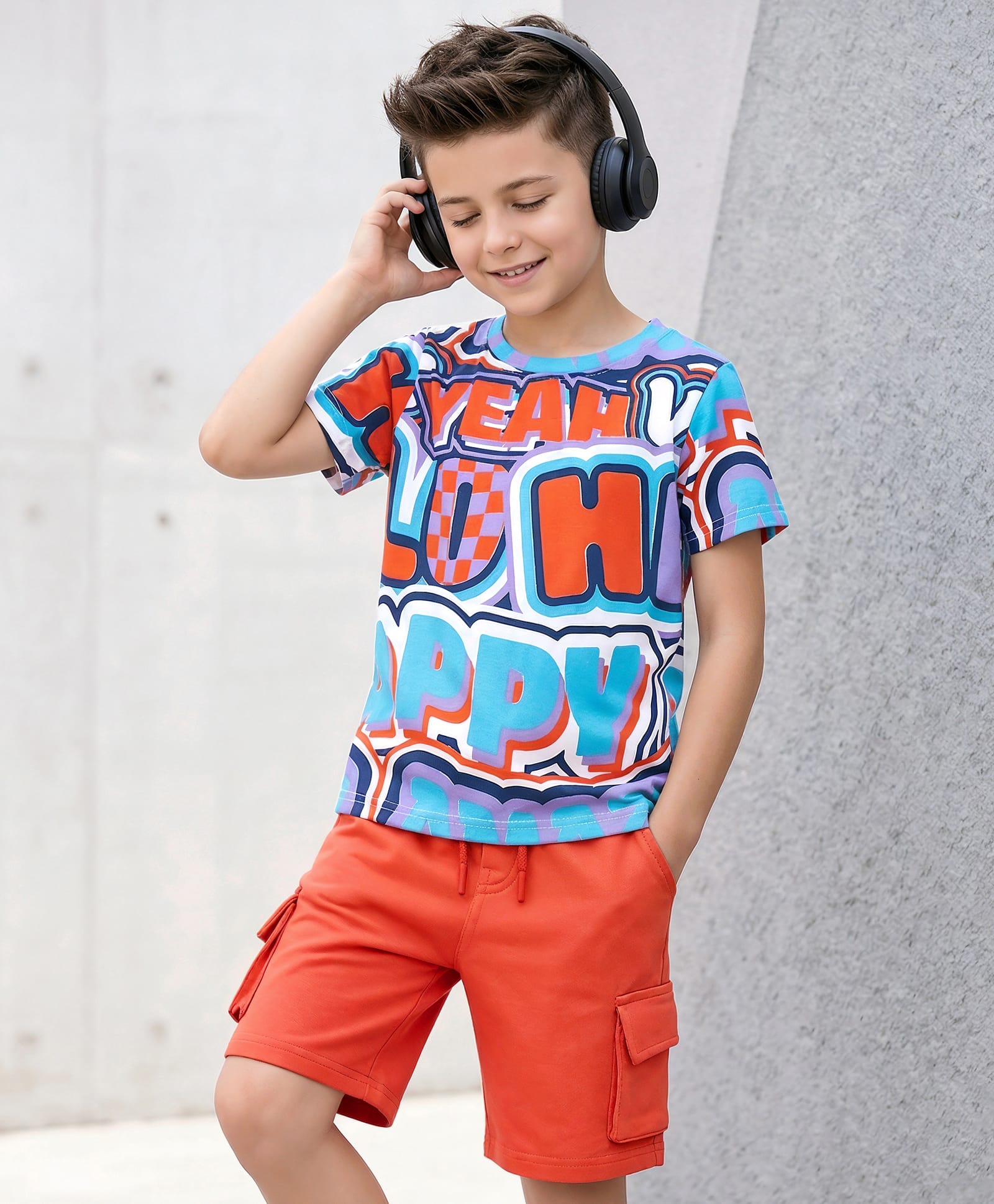 OLLINGTON ST. Cotton Knit Printed Half Sleeves T-Shirt & Knit Shorts Set - Multicolor & Red-picture-24