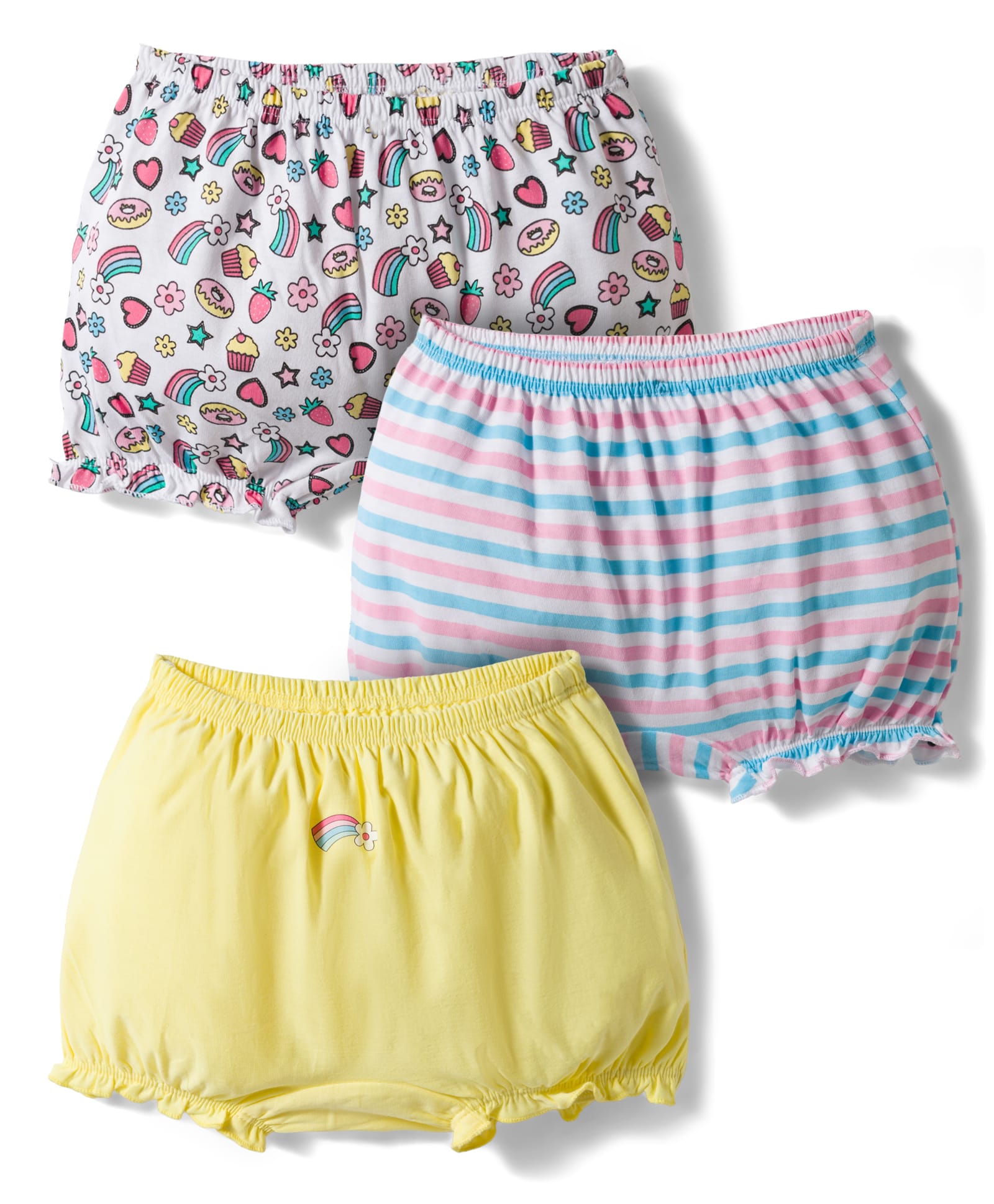 Honeyhap Premium 100% Cotton Knit Striped & Rainbow Printed Bloomers Pack of 3 - Bright White Yellow Iris & Tanager Turquoise-image-13