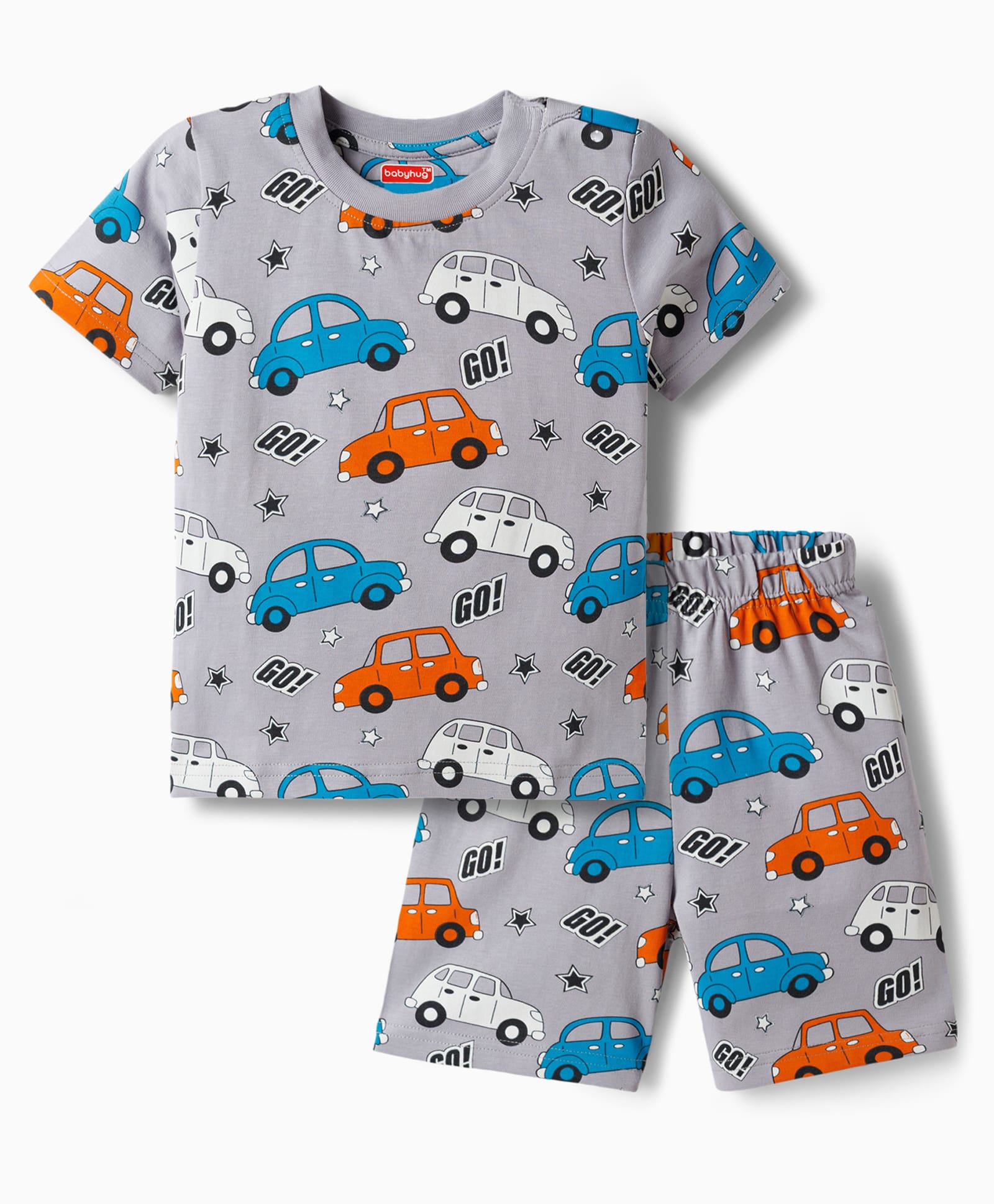 Babyhug Cotton Knit Half Sleeves Co-ords T-Shirt & Short Night Suit with Car Print - Grey-image-36