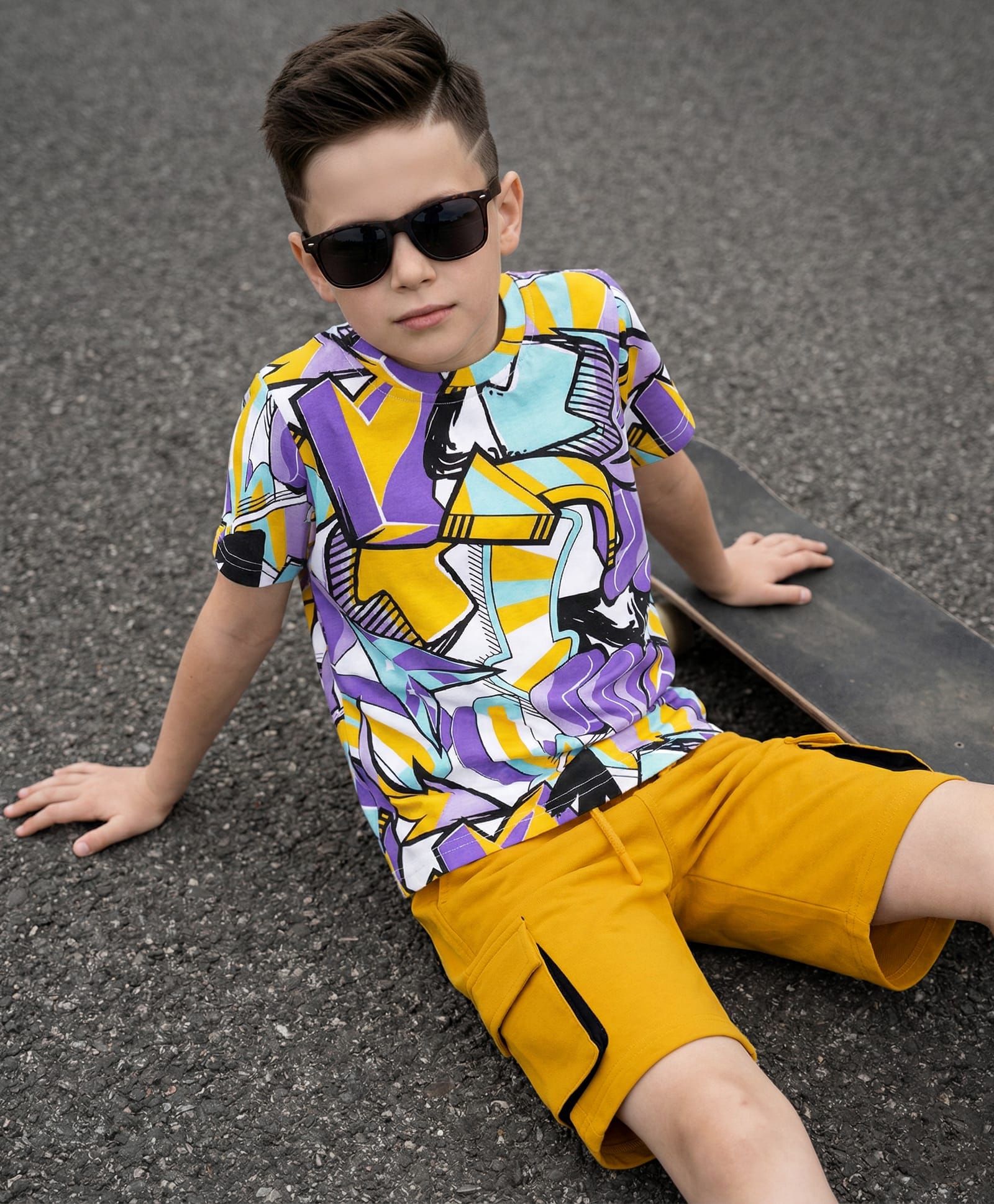 OLLINGTON ST. Cotton Knit Printed Half Sleeves T-Shirt & Knit Shorts Set - Multicolor & Yellow-picture-16