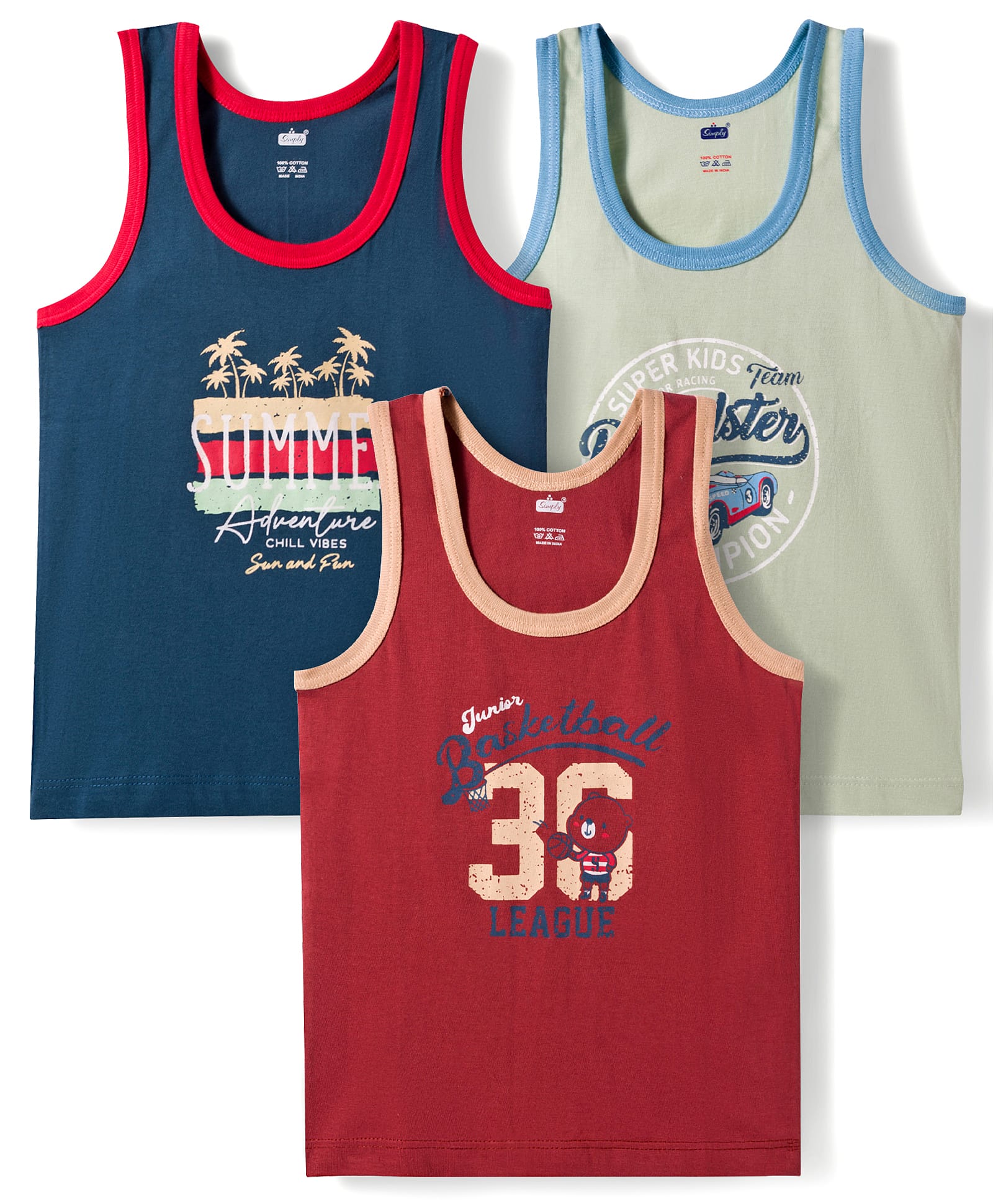 Simply Sinker Knit Sleeveless Printed Vests Pack of 3 - Blue Green & Brown-image-26