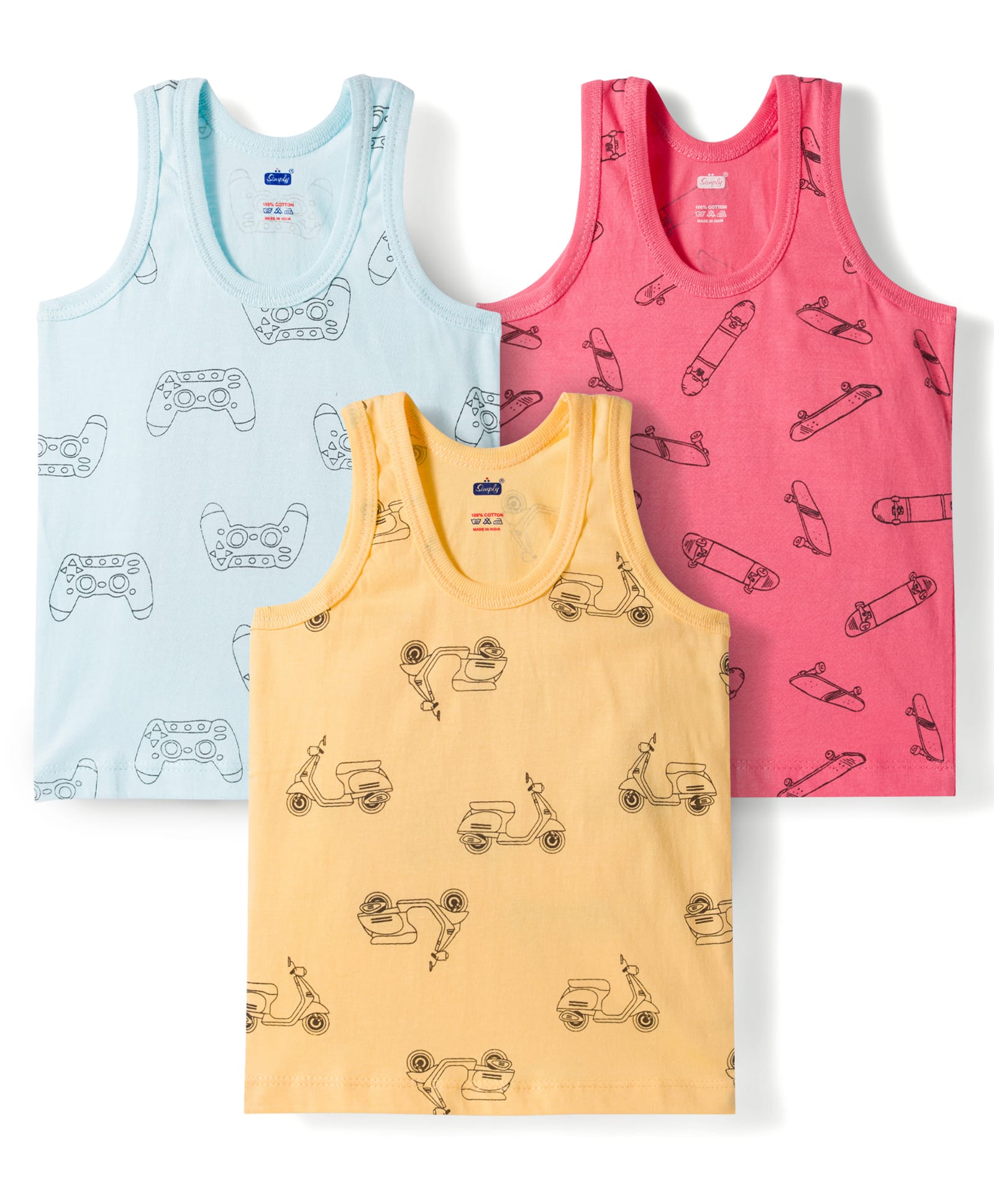 Simply Sinker Knit Sleeveless Printed Vests Pack of 3 - Pink Yellow & Blue-image-25
