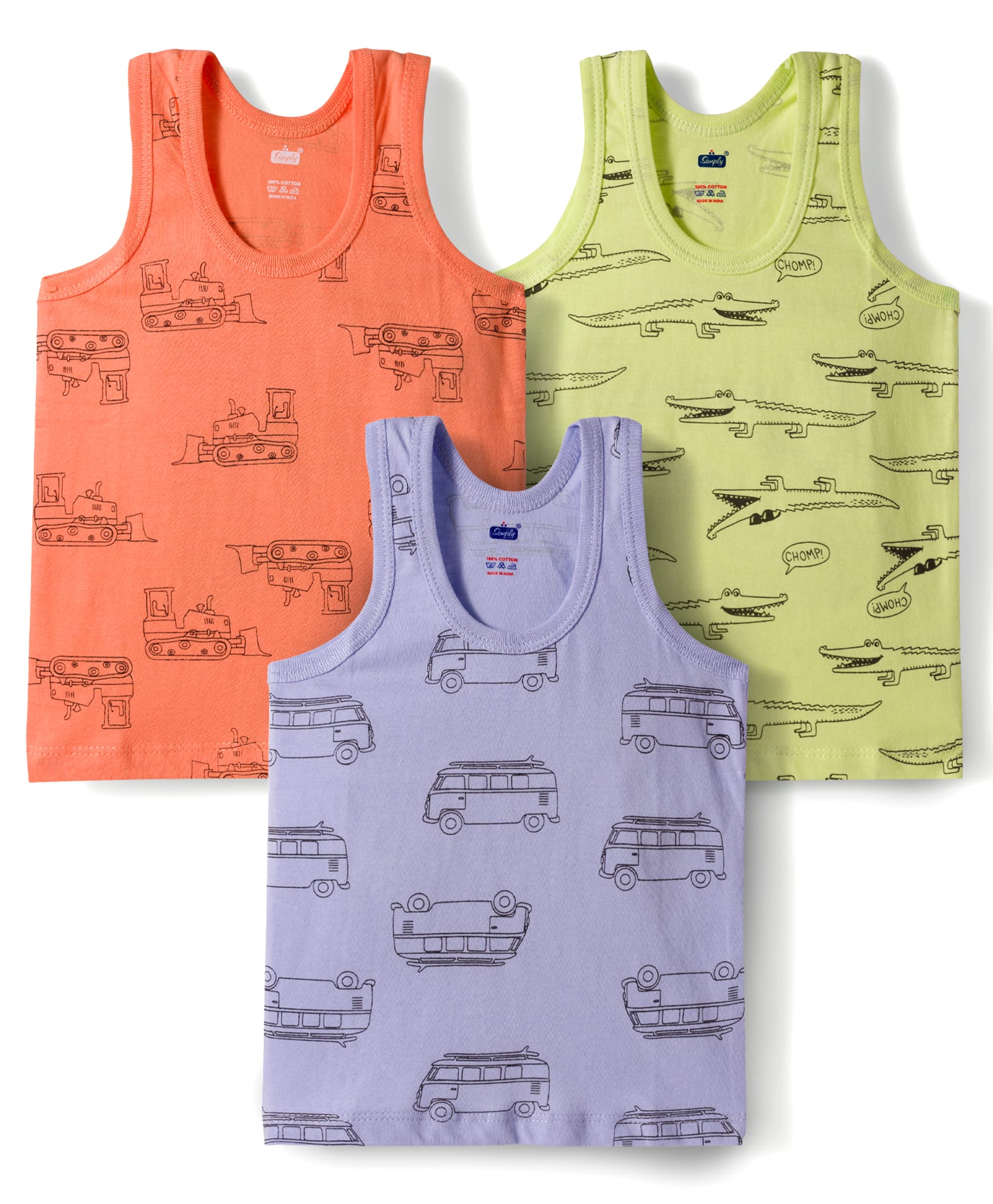 Simply Sinker Knit Sleeveless Printed Vests Pack of 3 - Peach Blue & Green-image-27