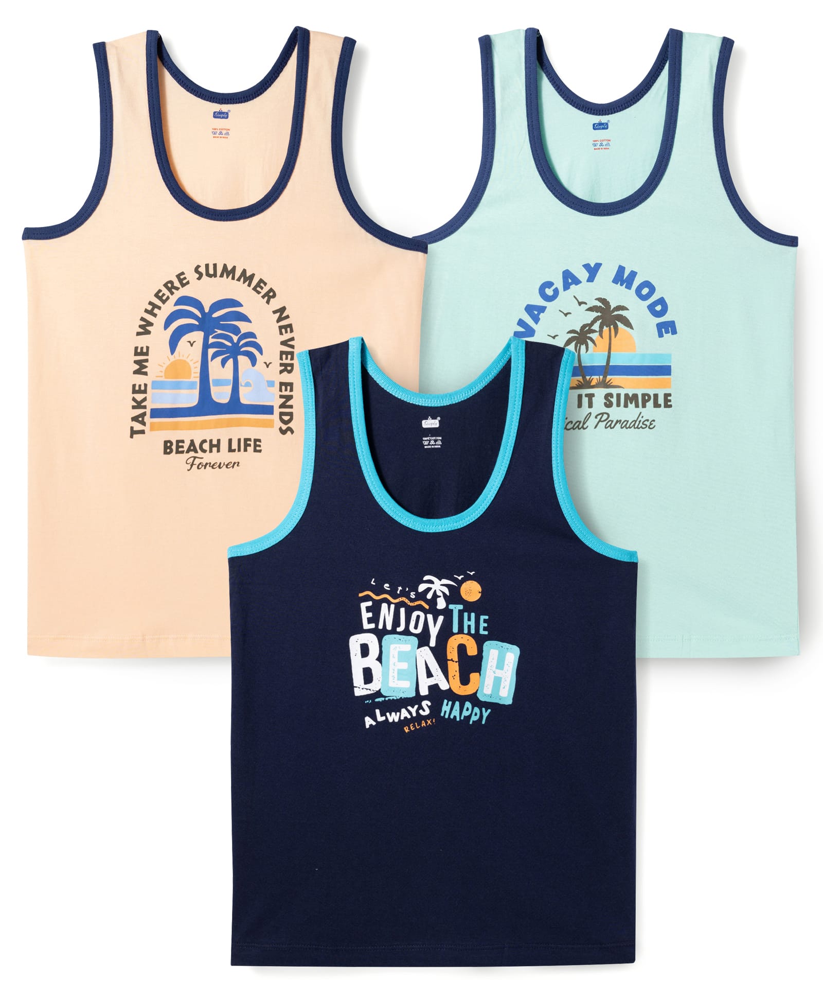Simply Sinker Knit Sleeveless Vests With Beach Theme Pack of 3 - Beige Teal & Navy Blue-image-42