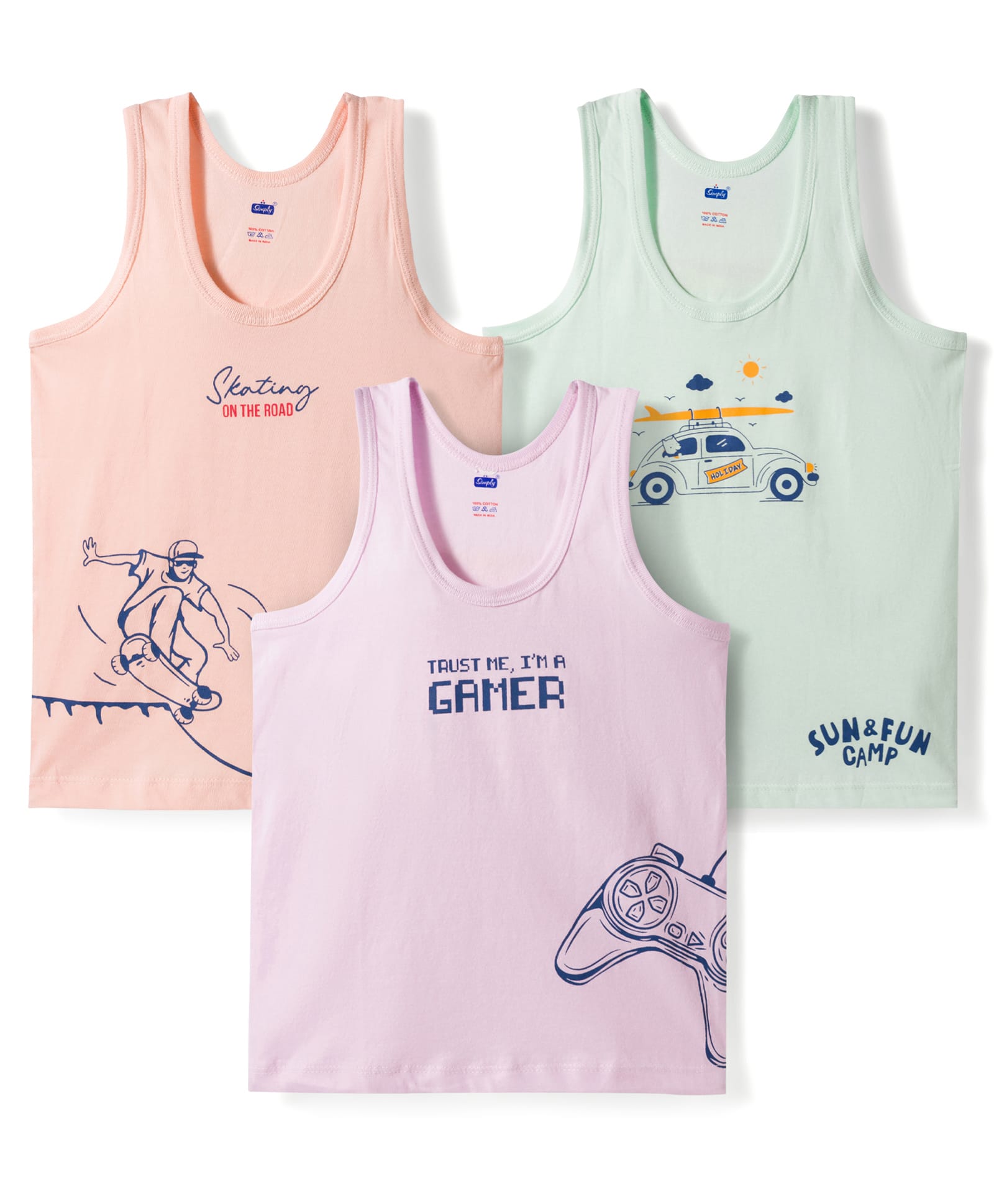Simply Sinker Knit Sleeveless Printed Vests Pack of 3 - Lilac Peach & Mint-image-22