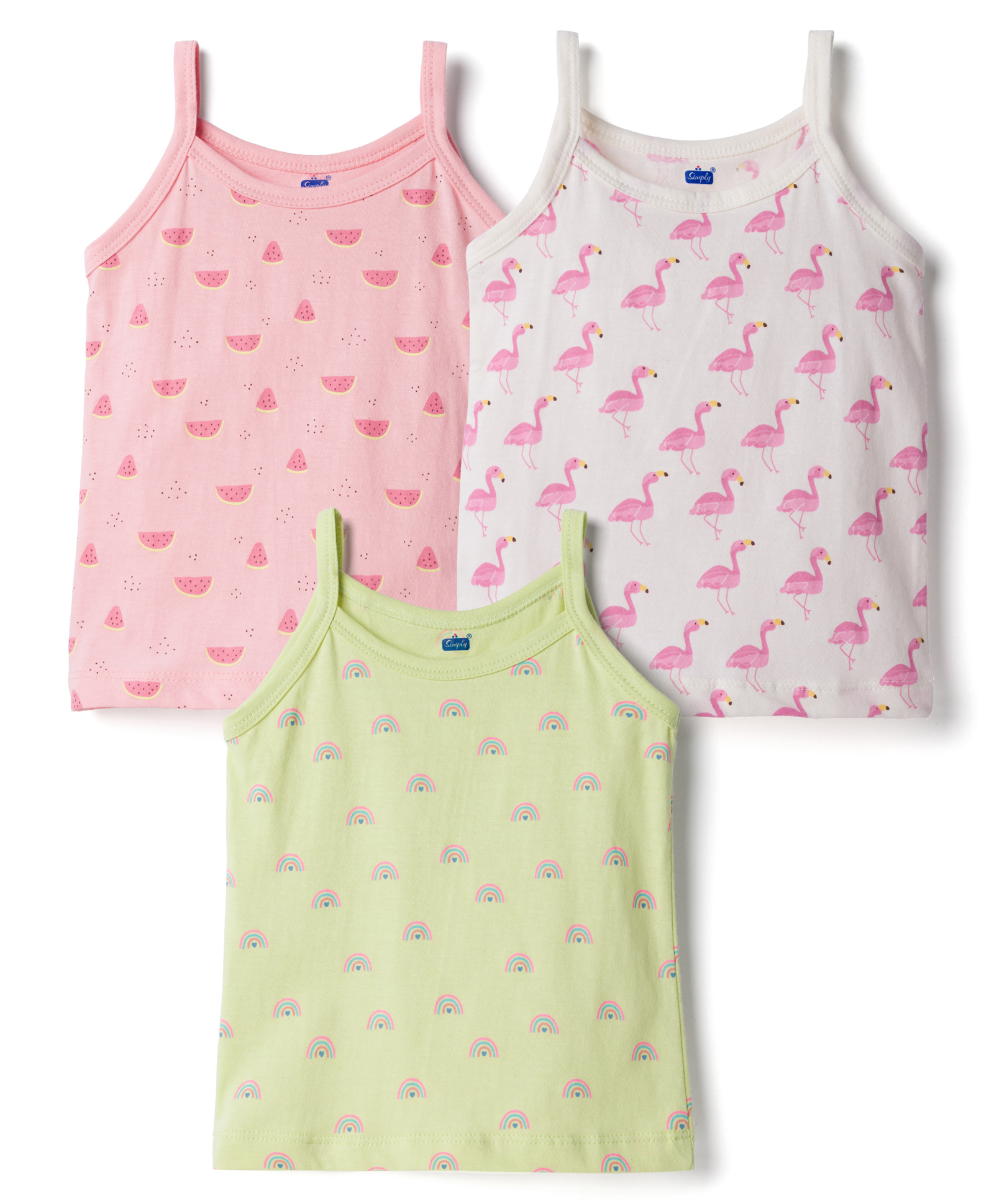 Simply Sinker Knit Sleeveless Flamingo & Rainbow Printed Slips Pack of 3 - Green Pink & White-image-40