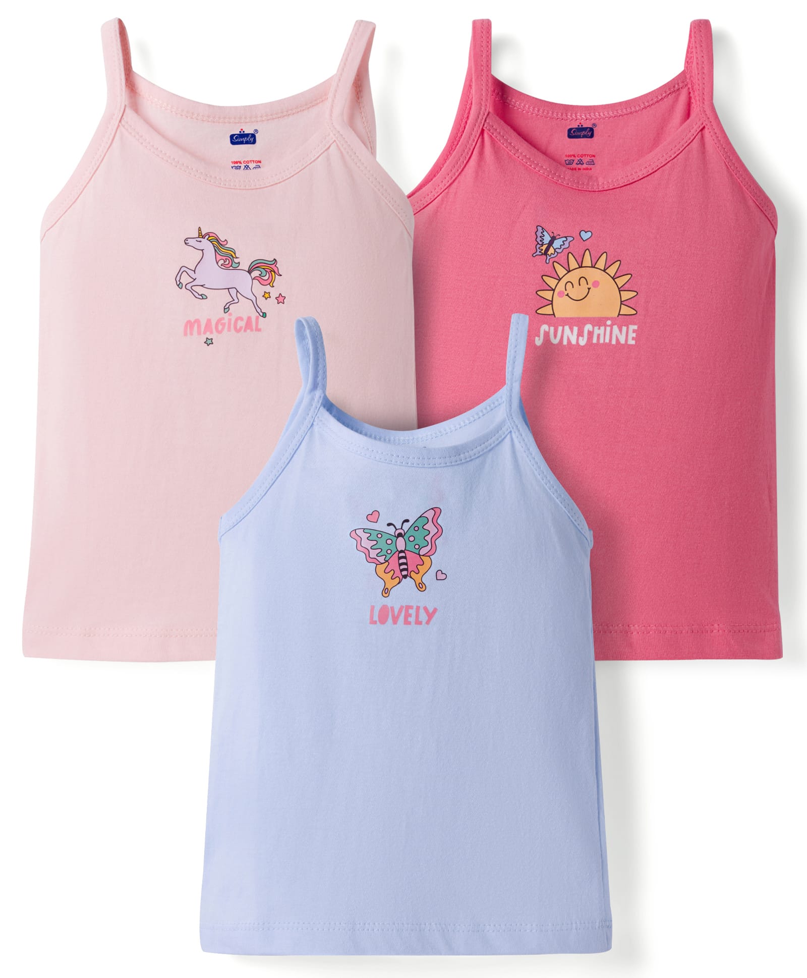 Simply Sinker Knit Sleeveless Slips with Butterfly & Unicorn Print Pack of 3 - Pink & Blue-image-31